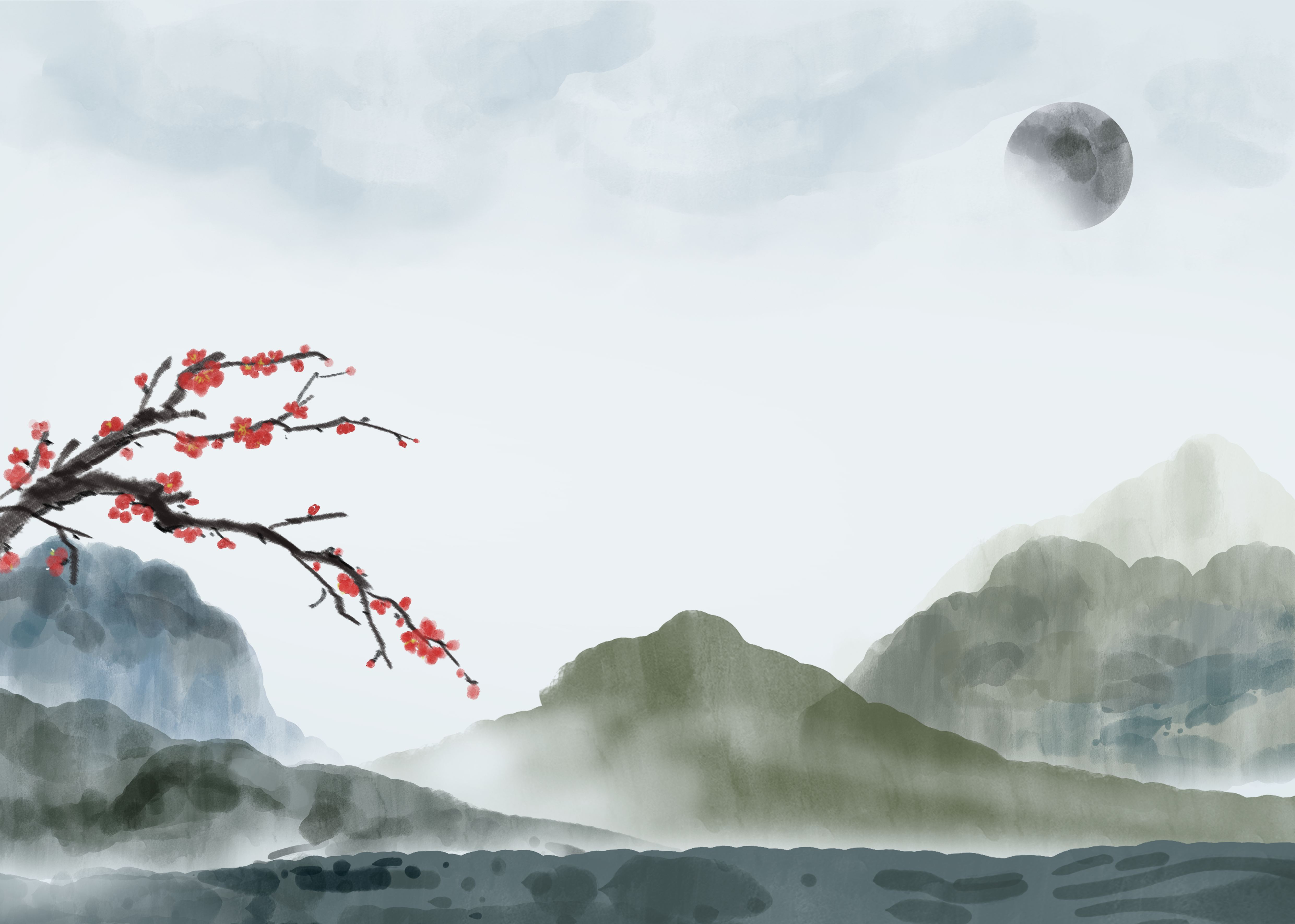 水墨山峰红色梅花云雾背景图片
