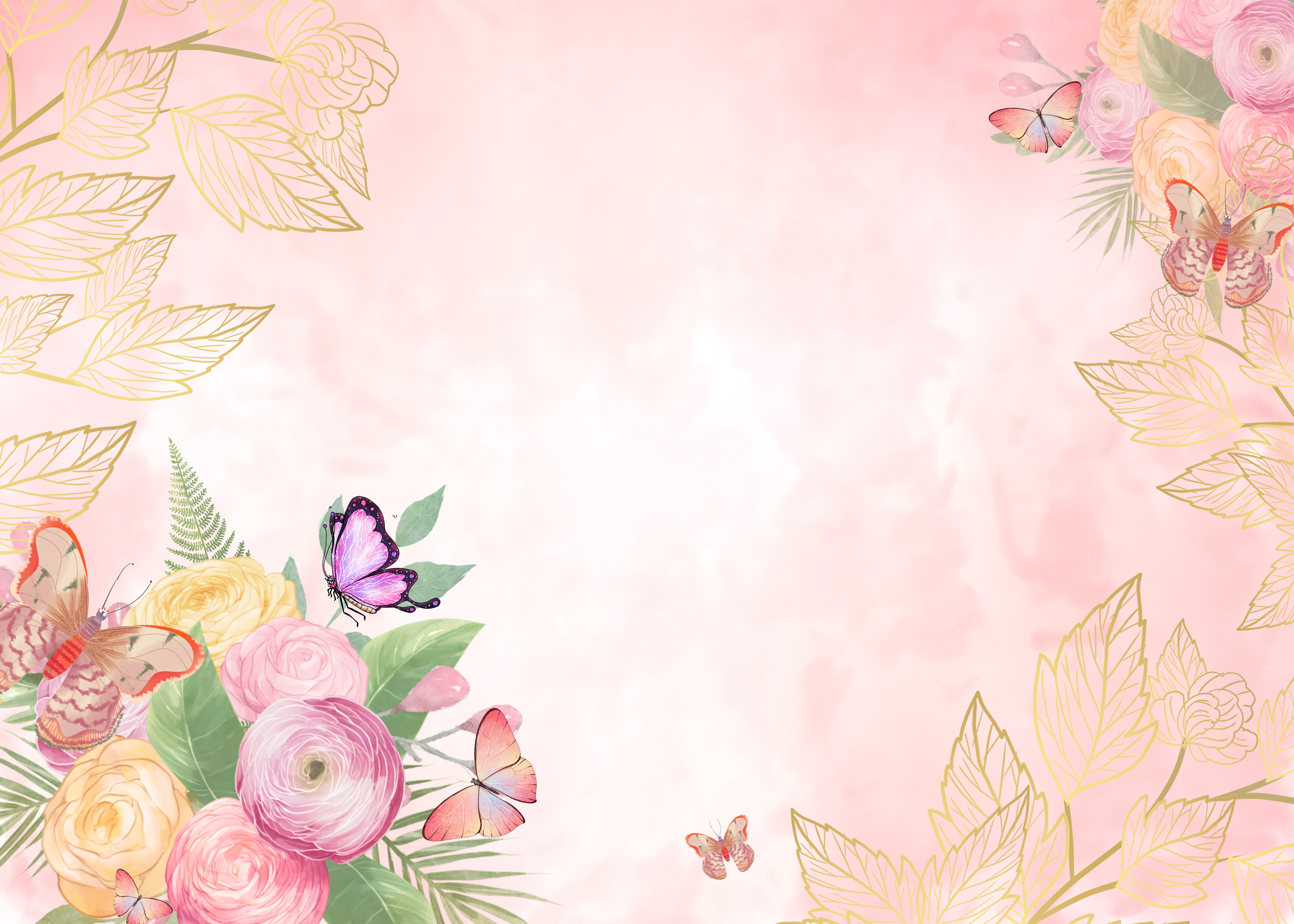 蝴蝶花卉金色植物水彩粉色梦幻背景图片