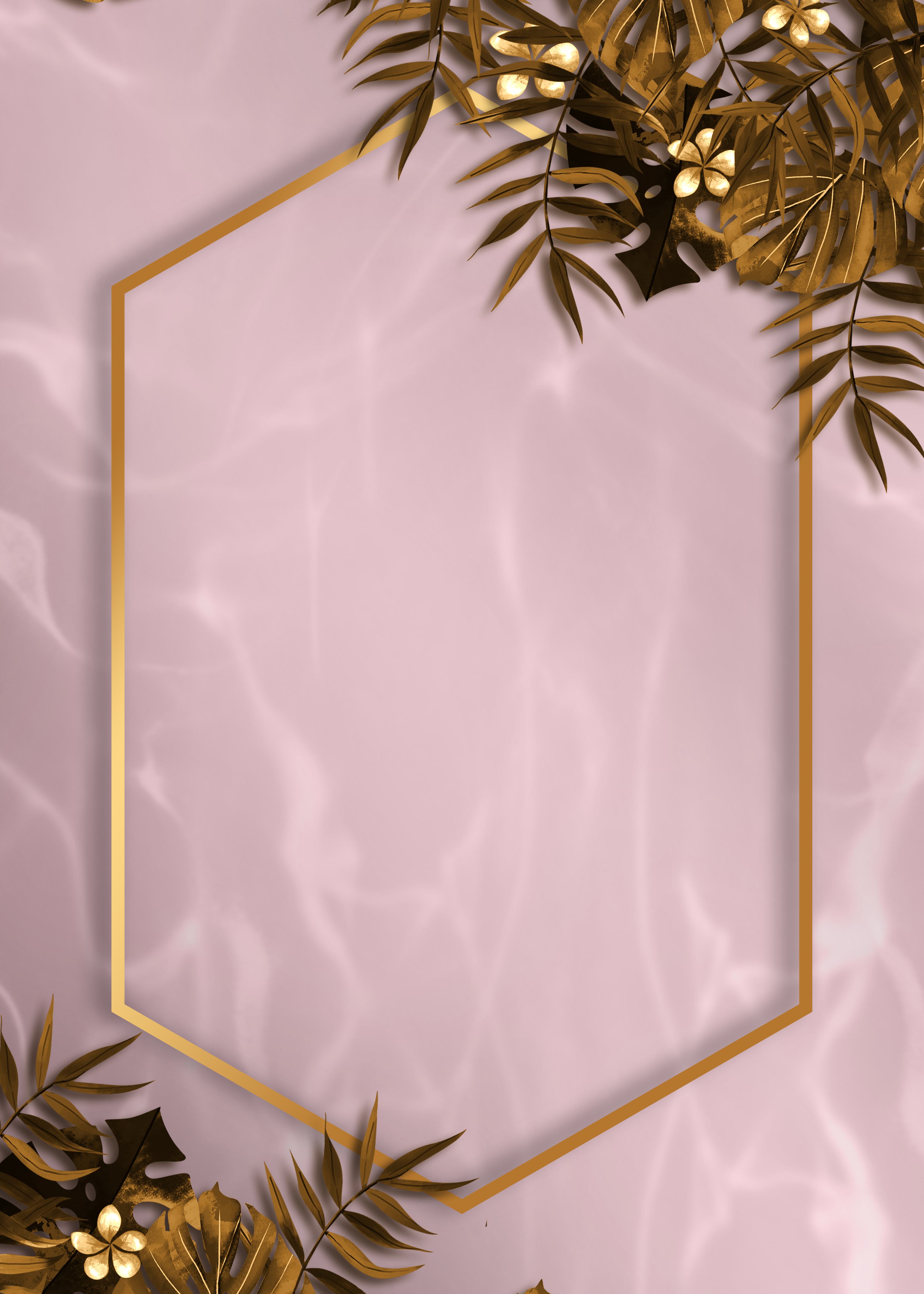 金箔植物波纹金色六边形边框大理石质感背景图片