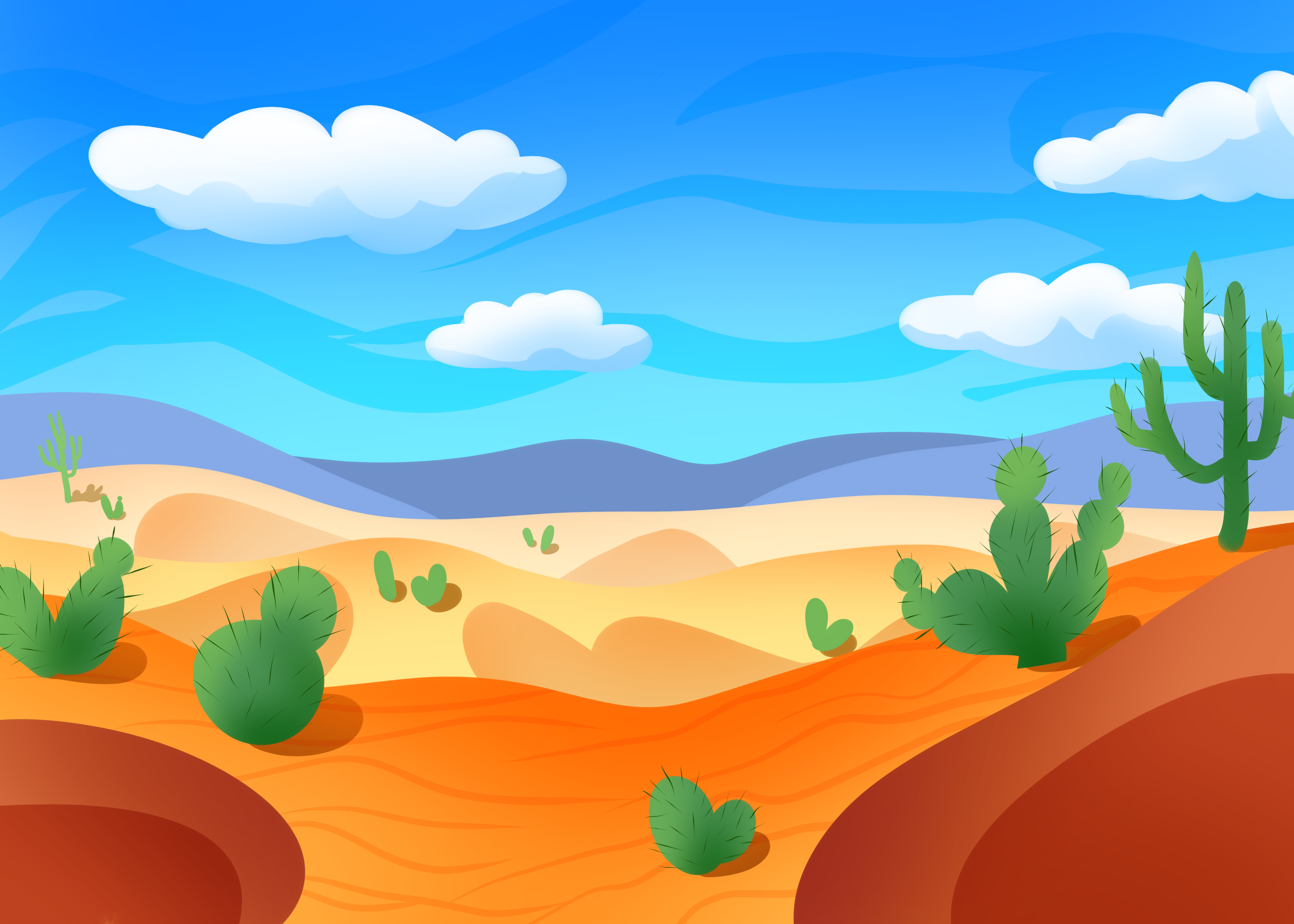 沙漠天空仙人掌卡通黄色蓝色背景图片