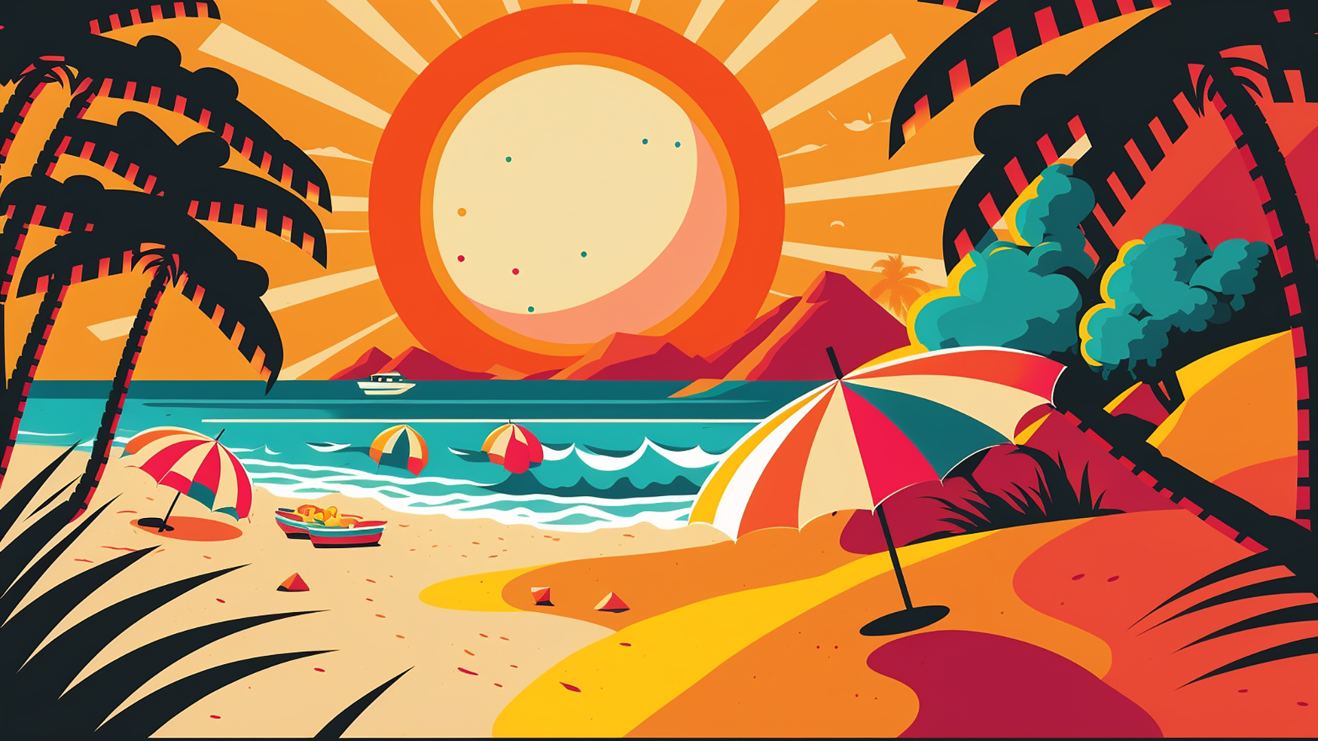夏天阳光海滩复古插画背景图片