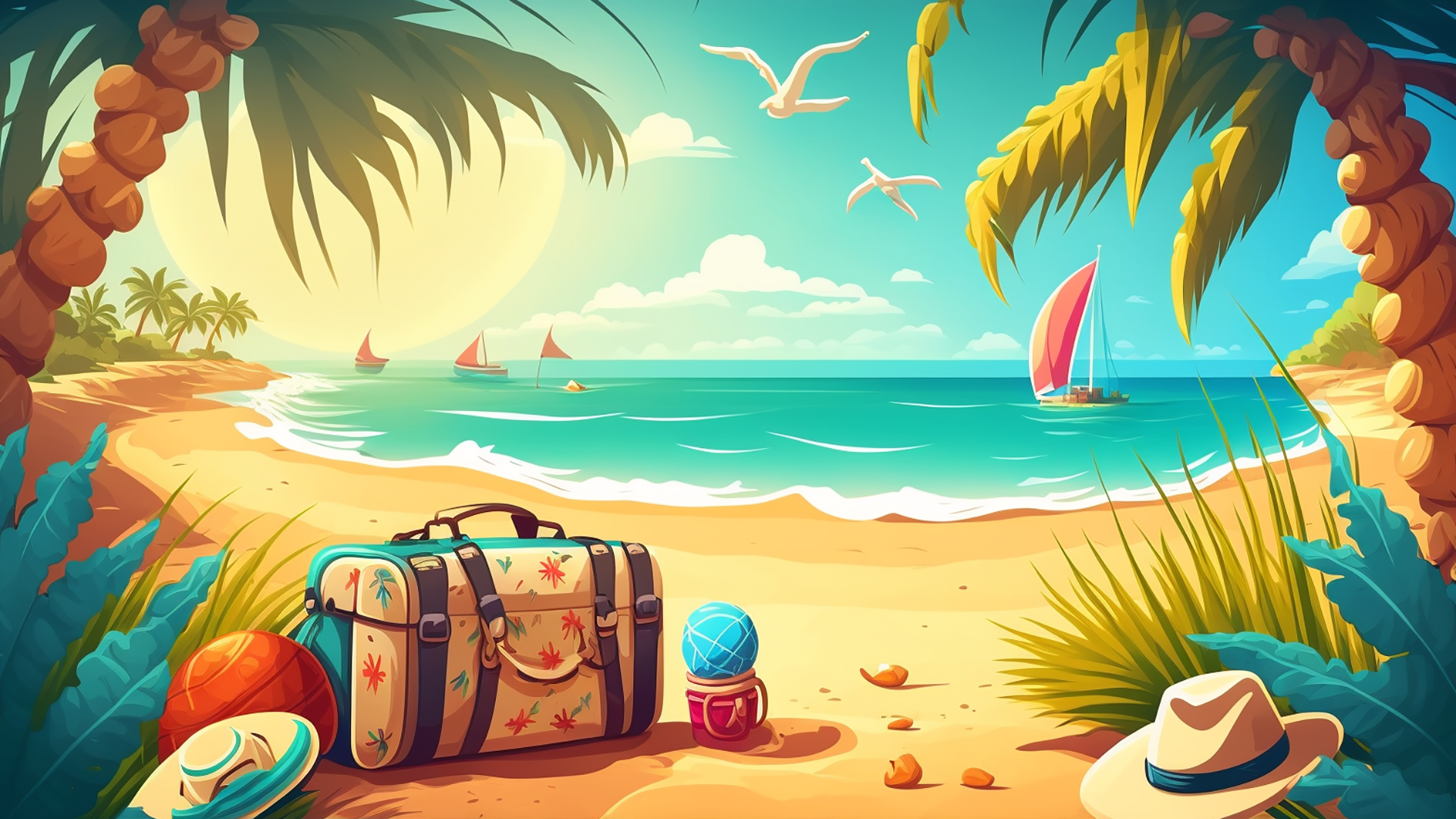 夏天阳光海滩卡通插画背景图片