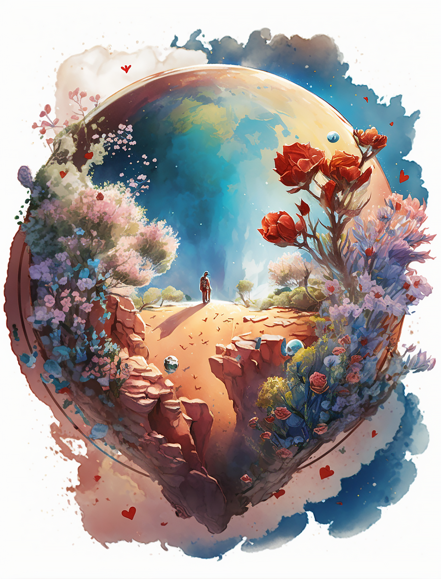 浪漫梦幻卡通玫瑰花卉星球油画装饰画背景图片