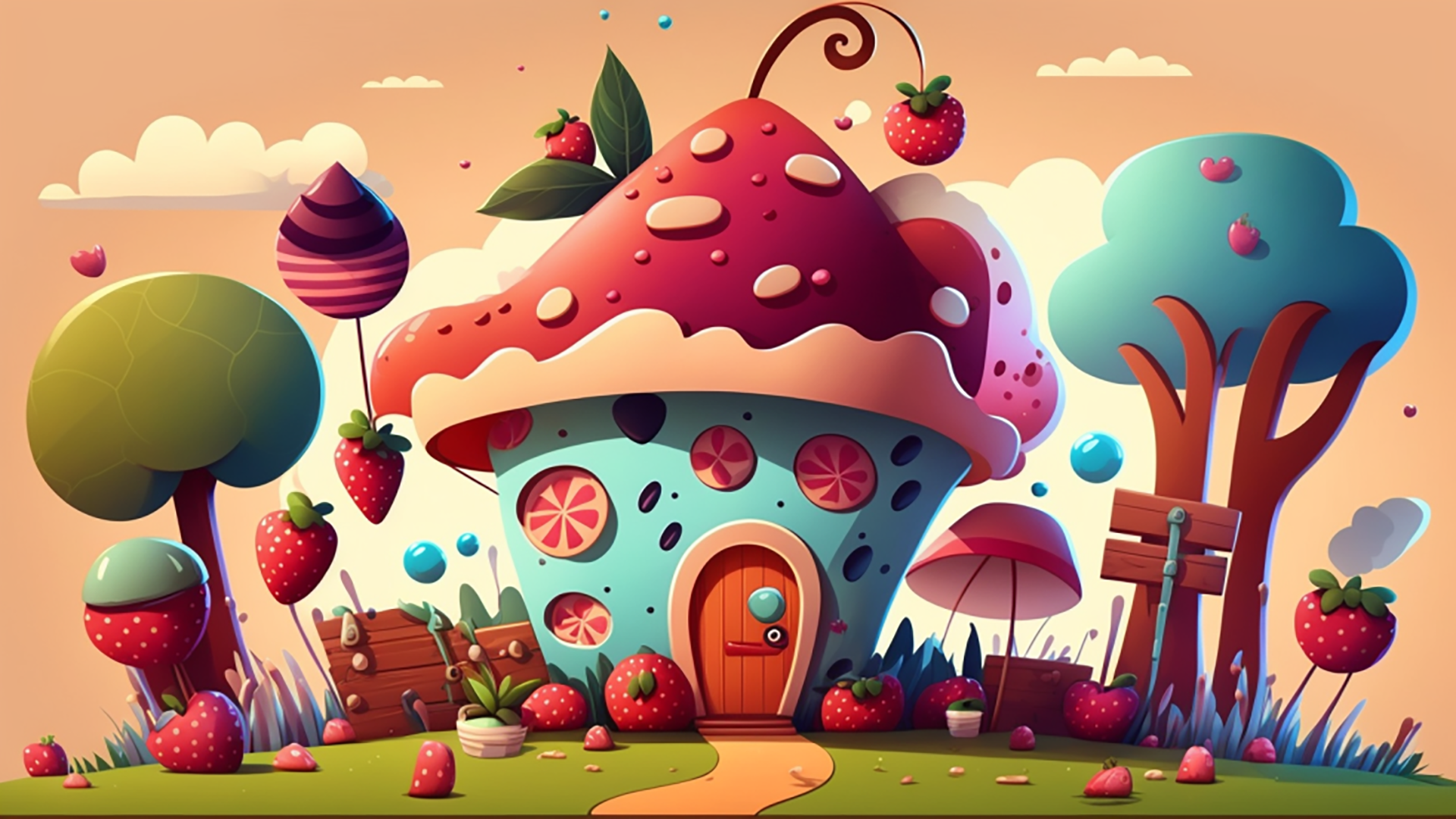 卡通红蘑菇小屋背景图片
