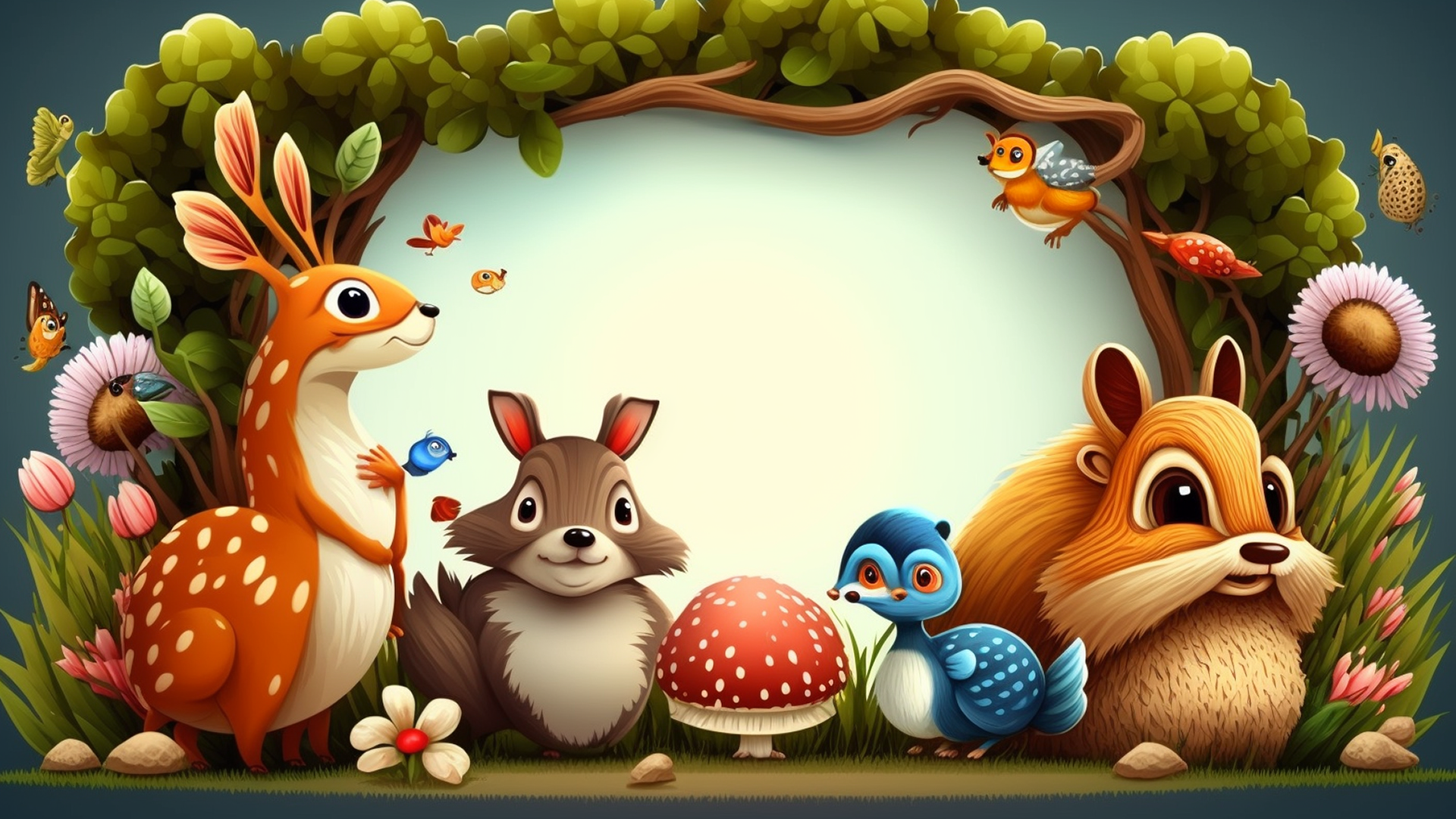 小动物小鹿松鼠兔子插画边框背景图片