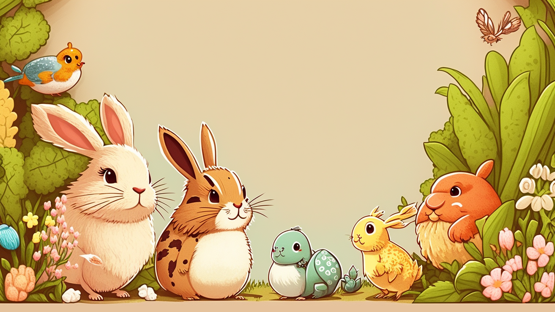 动物兔子小鸟花草插画边框背景图片