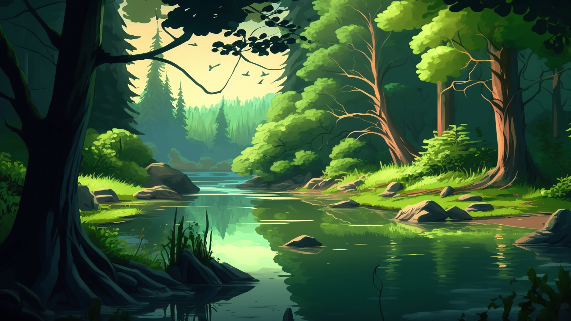 森林山间小河卡通背景图片