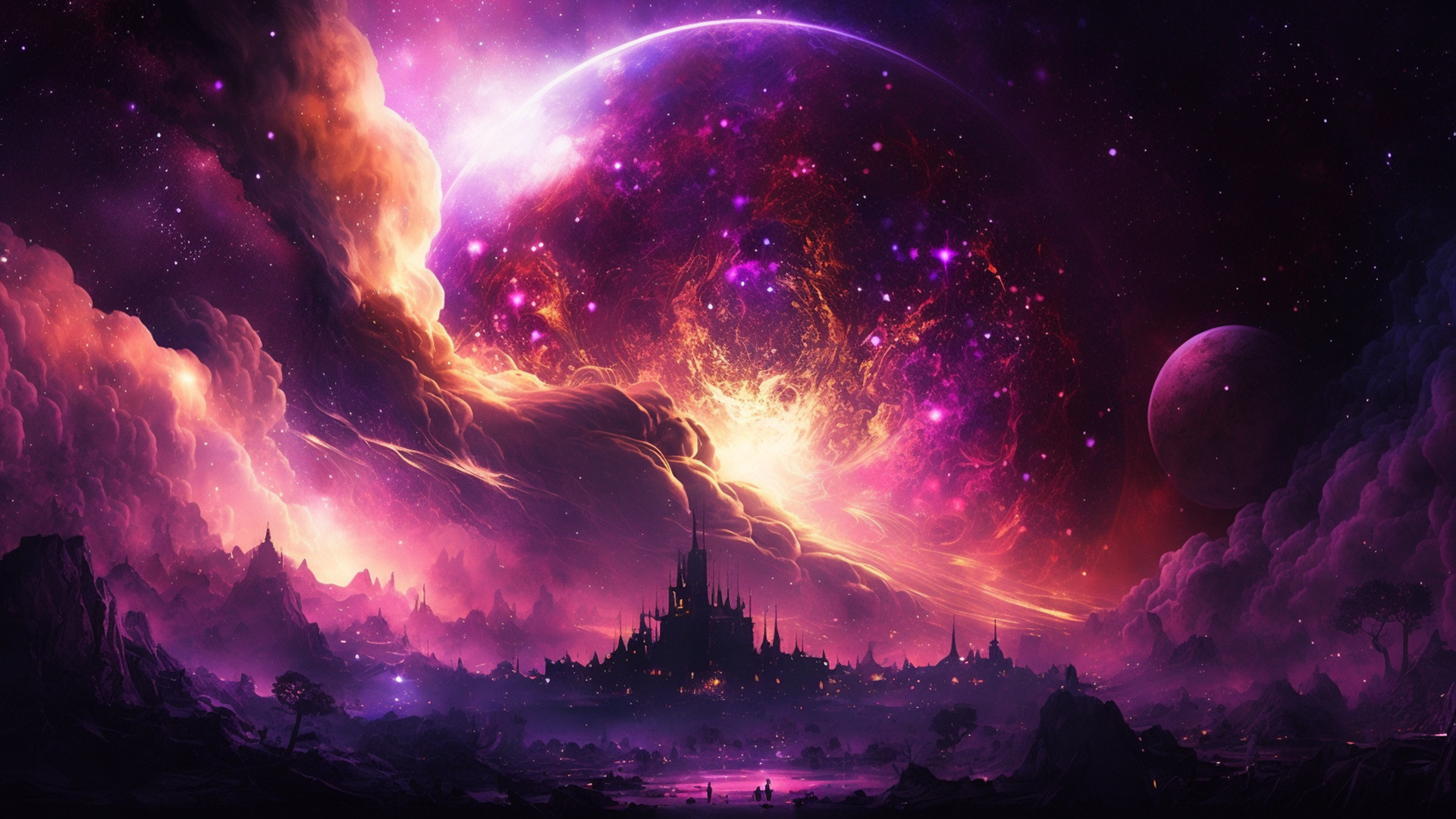 星空城堡唯美星球紫色背景图片