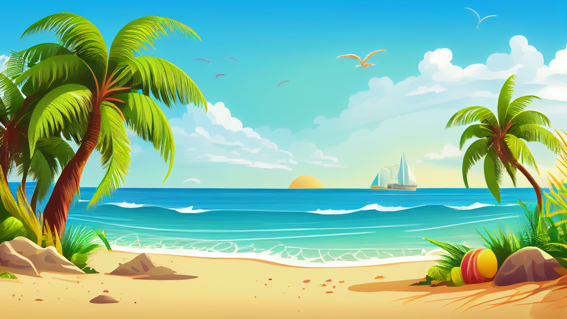 夏季卡通海滩风景背景图片