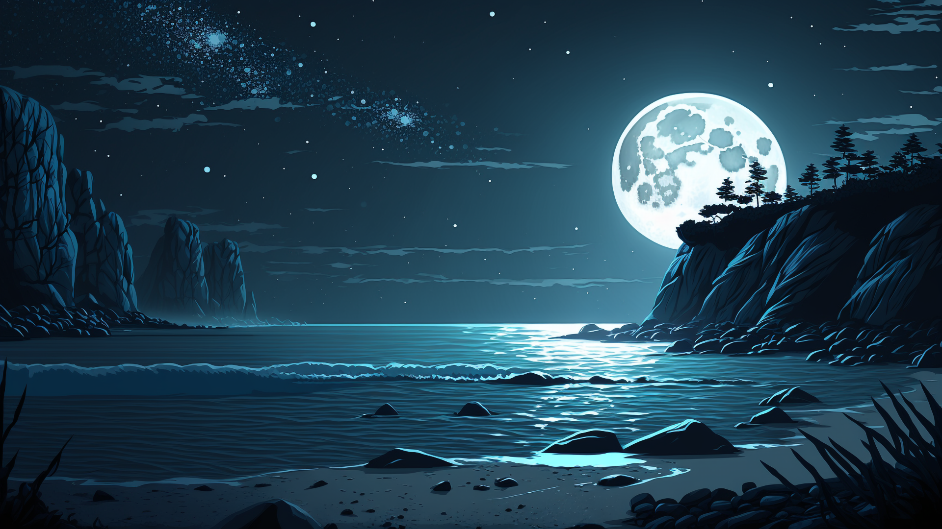 大海夜晚月亮海水背景图片