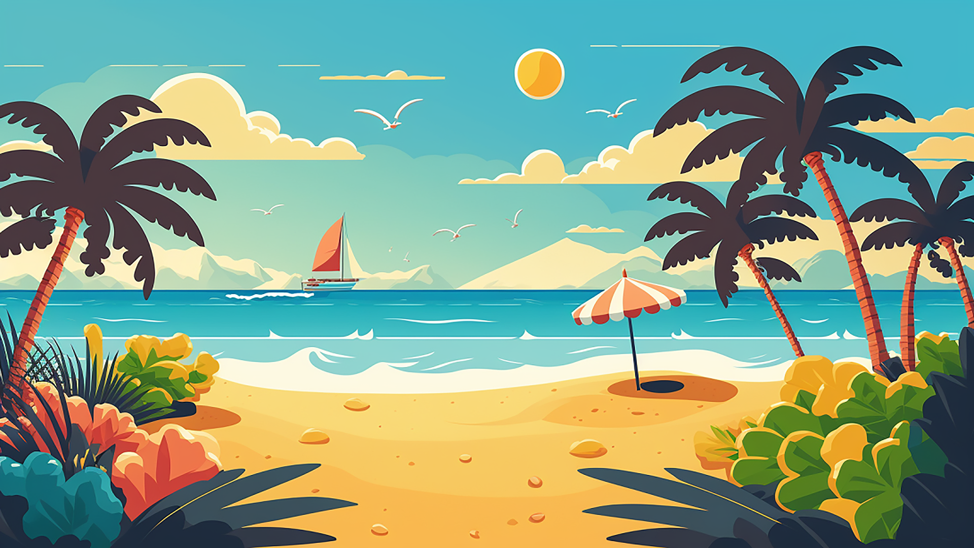 夏季海滩椰树帆船扁平图片