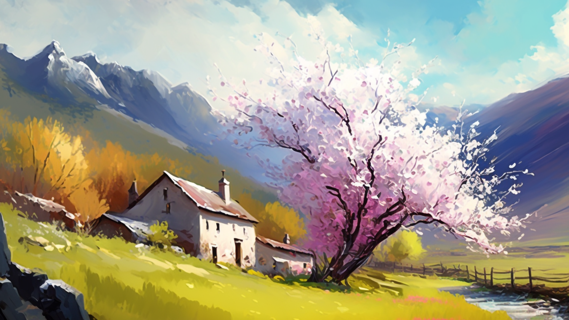 春天乡村油画风格背景图片