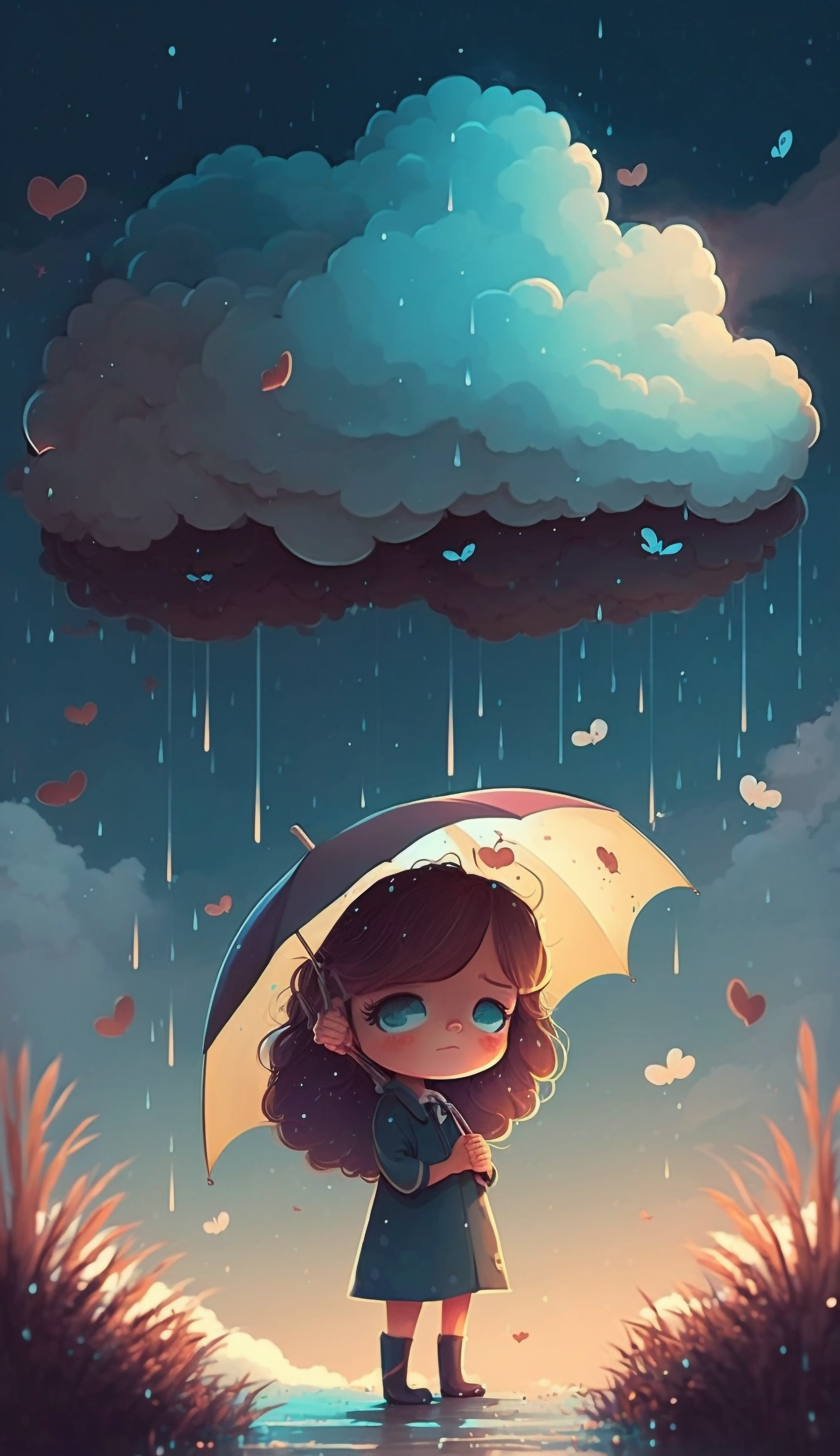 雨点乌云撑伞的女孩儿卡通可爱的背景图片