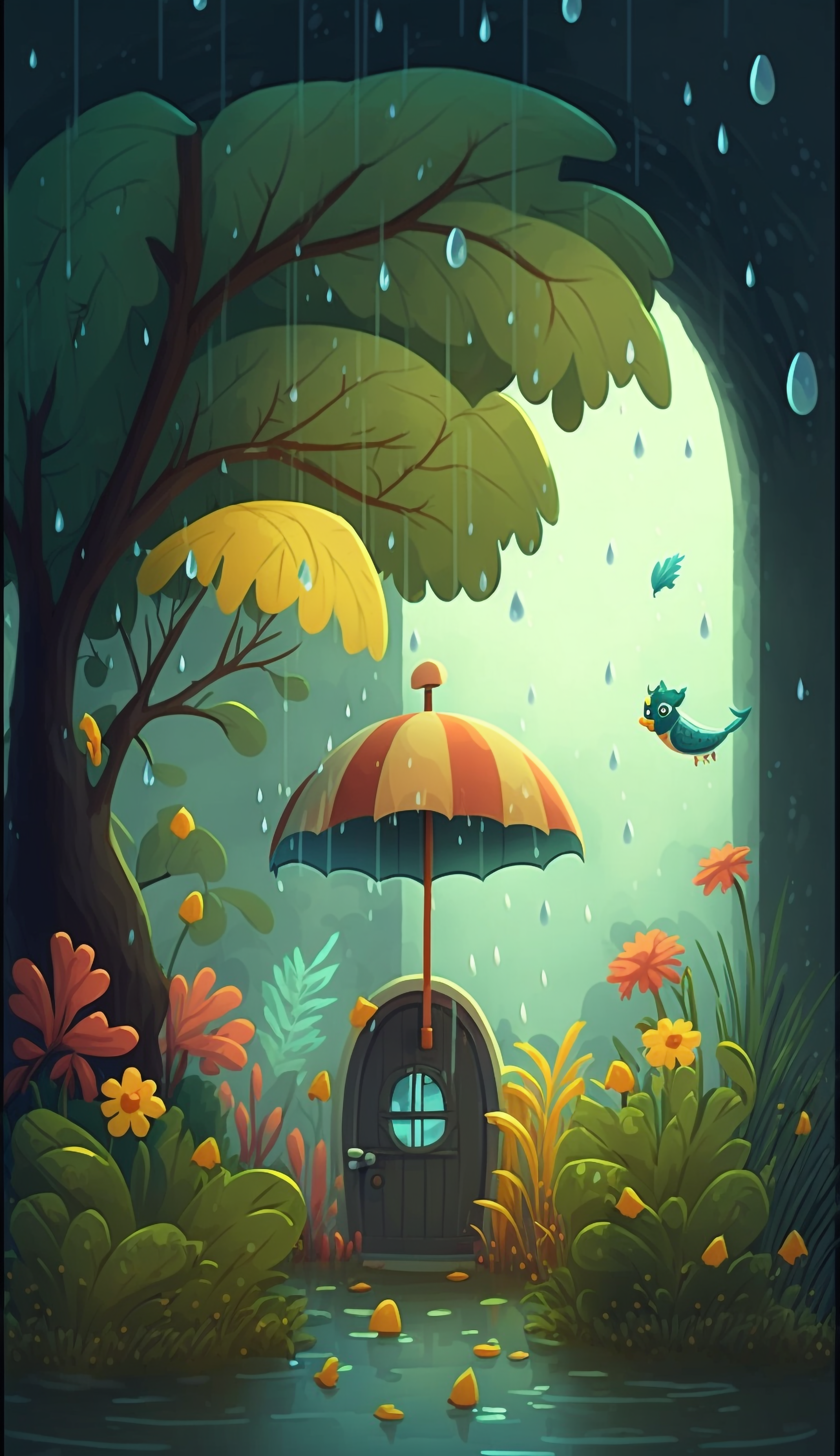 树植物伞雨中的花园背景图片