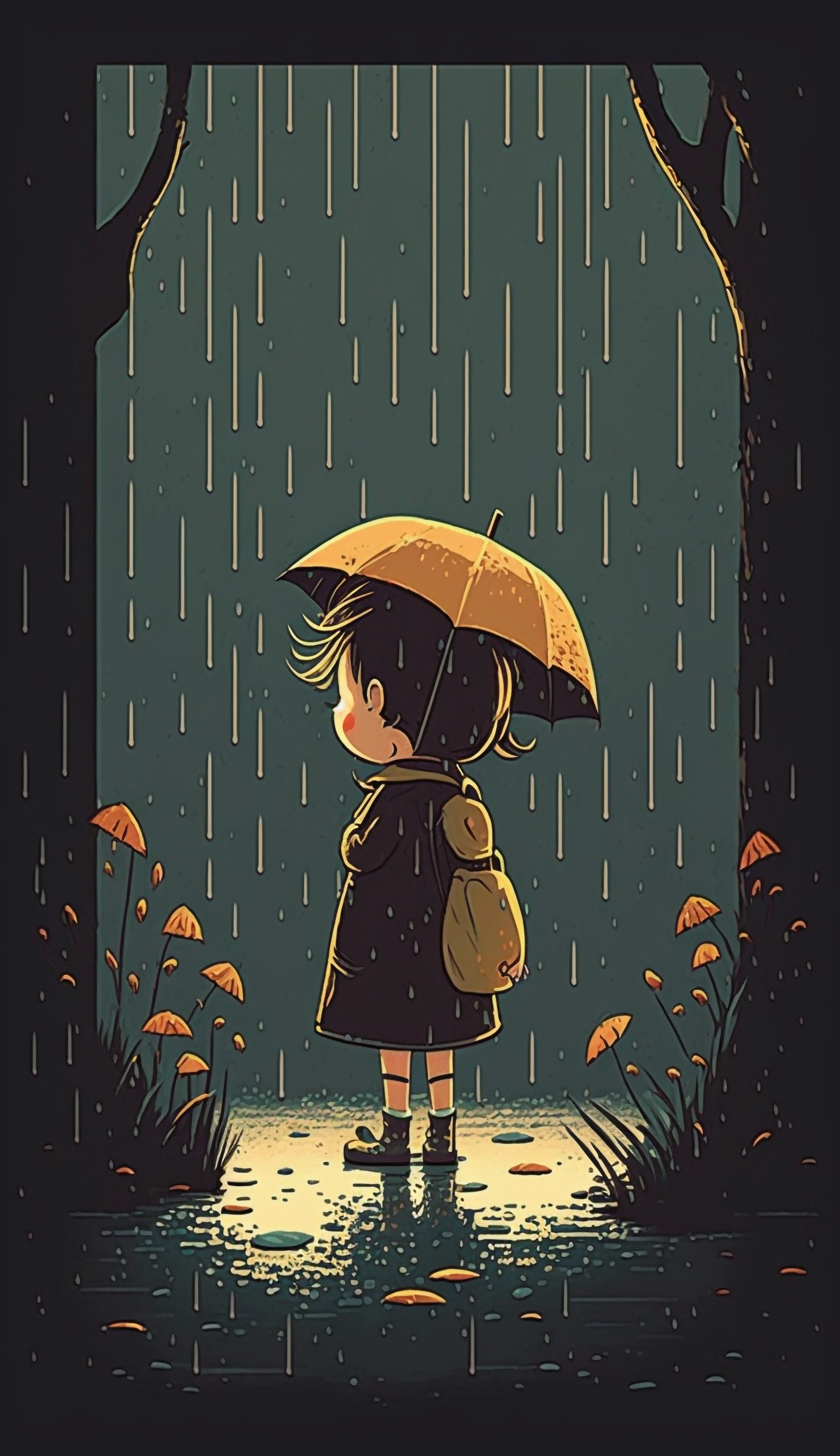 树小花雨中的打伞小男孩儿卡通可爱背景图片