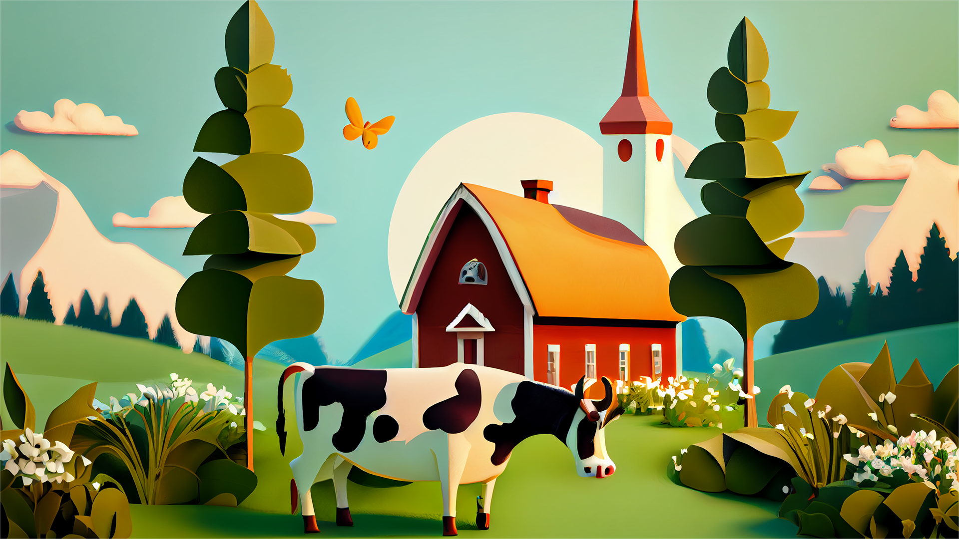 春季牧场奶牛可爱卡通图片