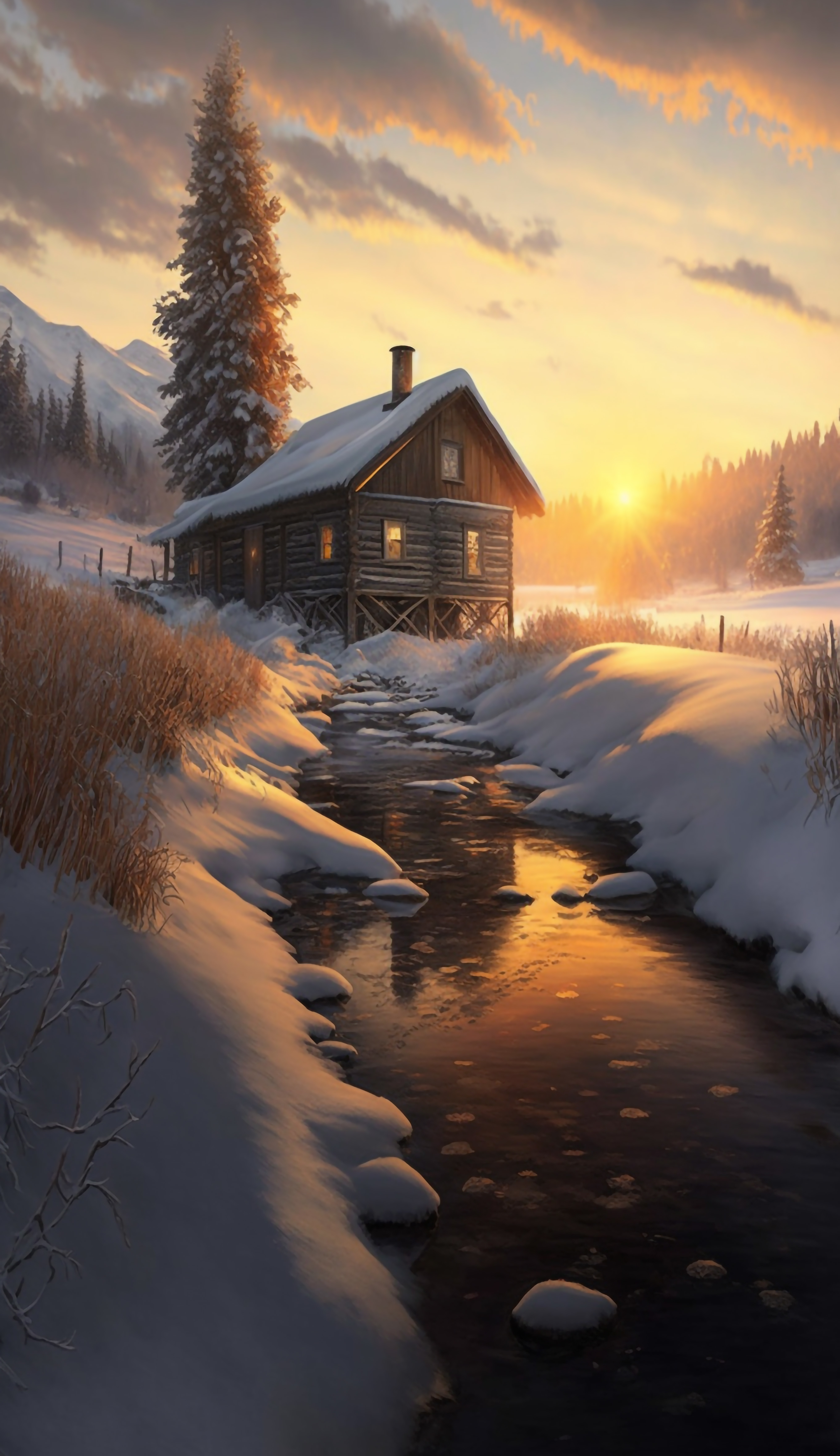 冬季夕阳木屋美丽背景图片