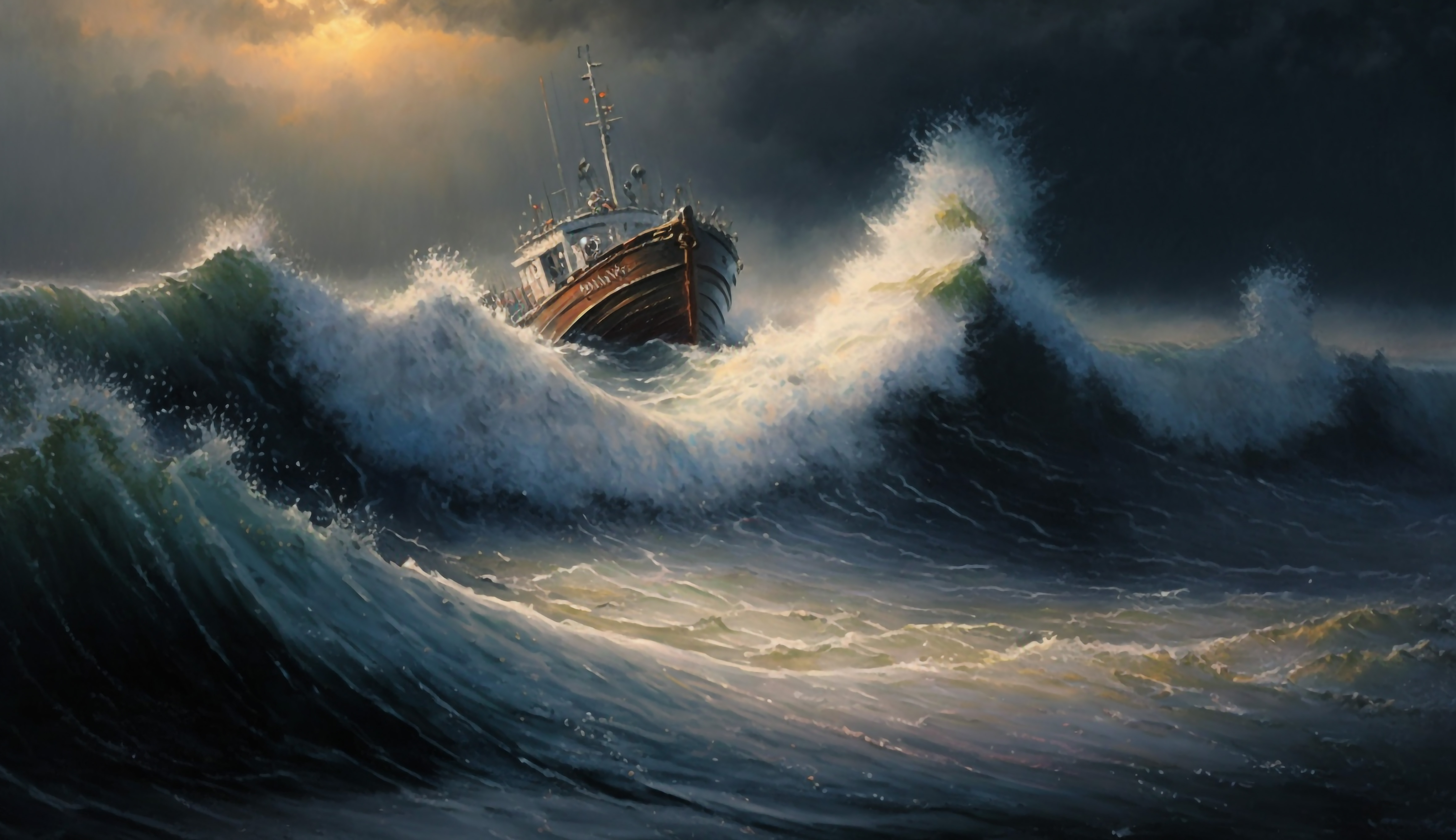大海海浪船油画背景图片