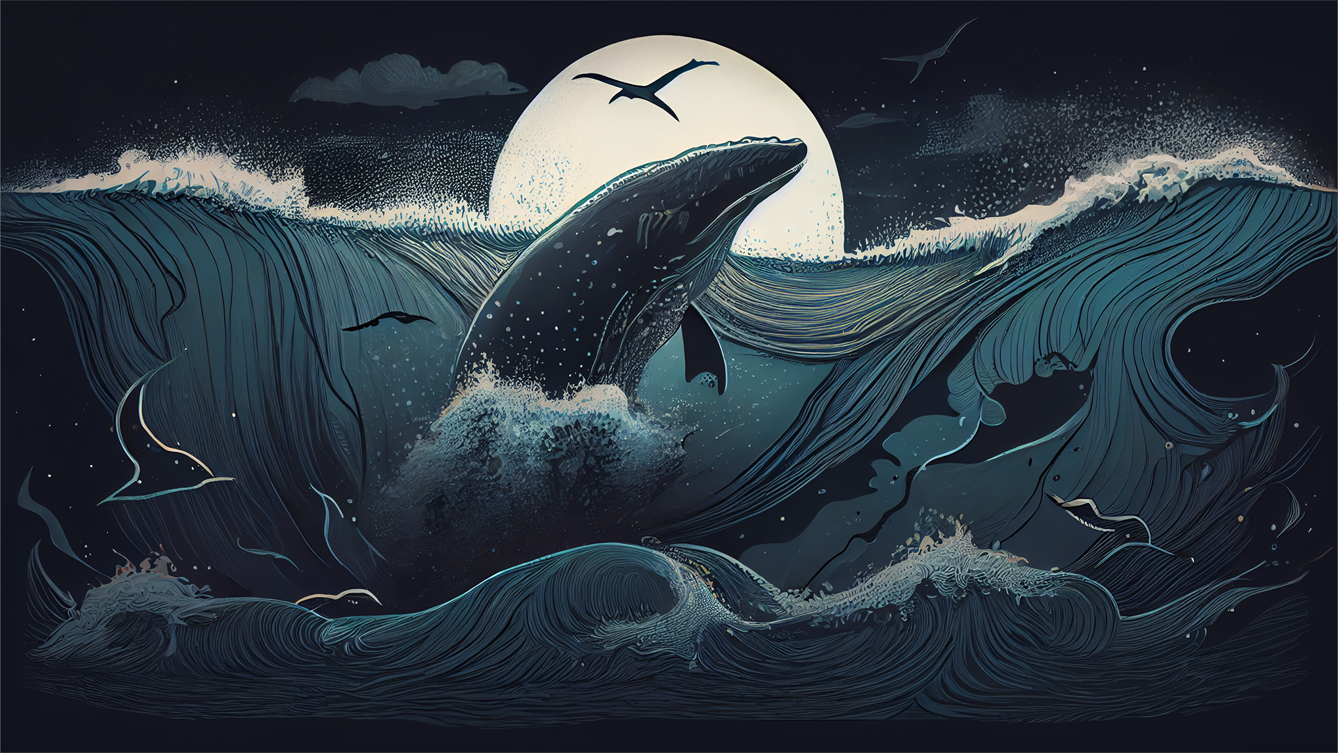 海浪海豚夜色插画背景图片