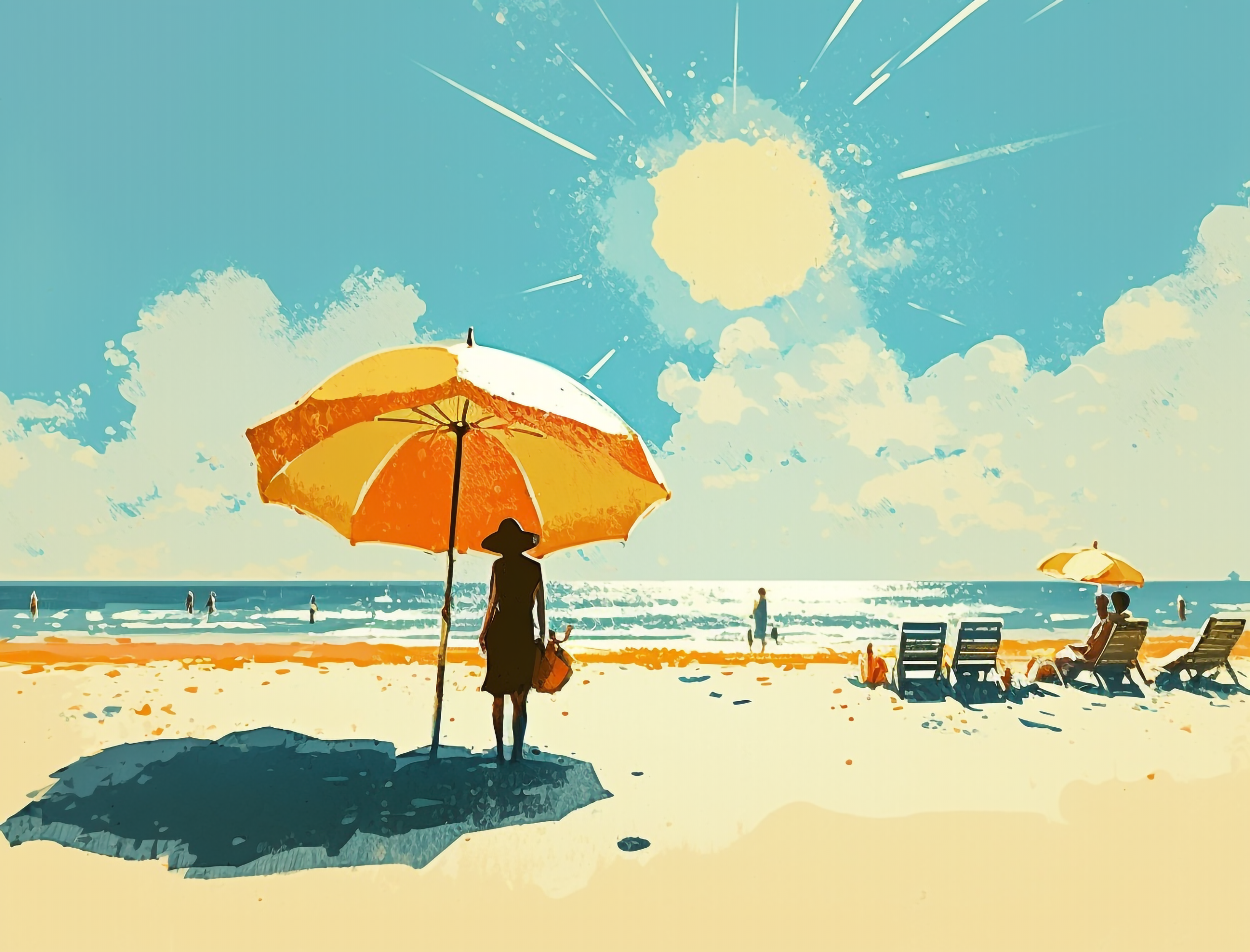 炎热太阳遮阳伞夏日海边沙滩旅游水彩背景图片