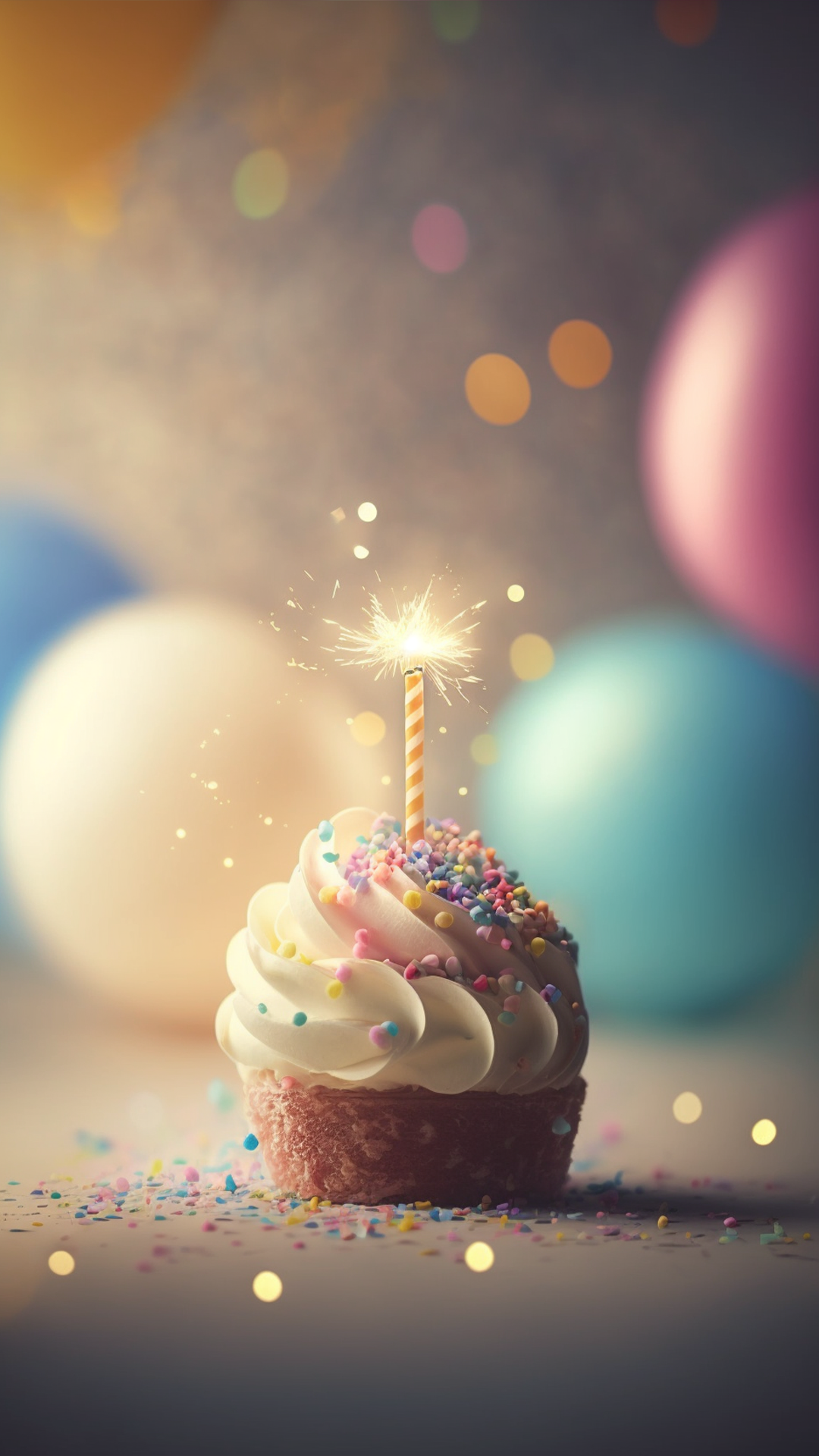 生日小蛋糕光点气球唯美背景图片