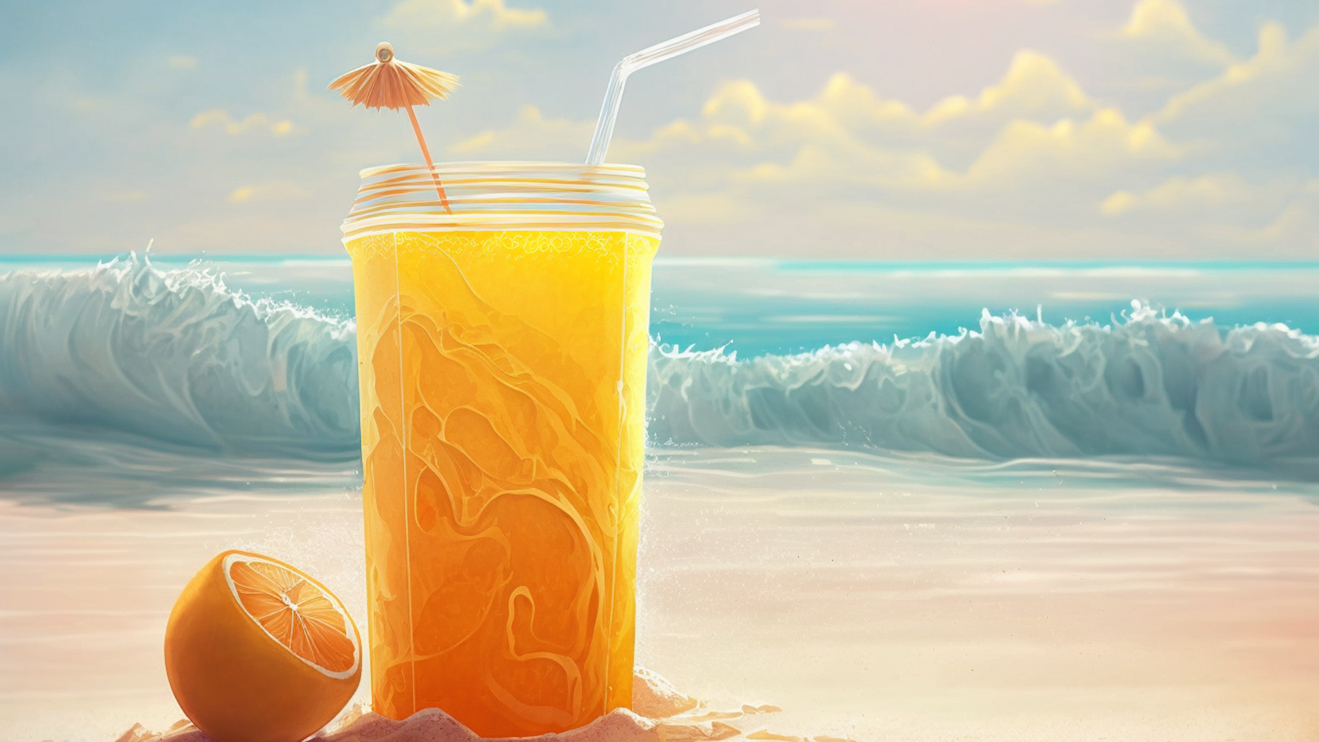 夏季沙滩冰凉果汁卡通背景图片