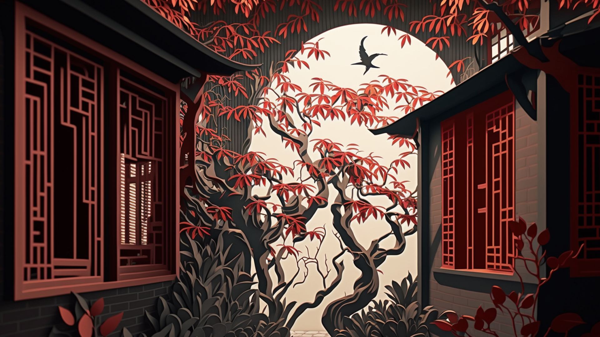 中国风窗户树木意境背景图片