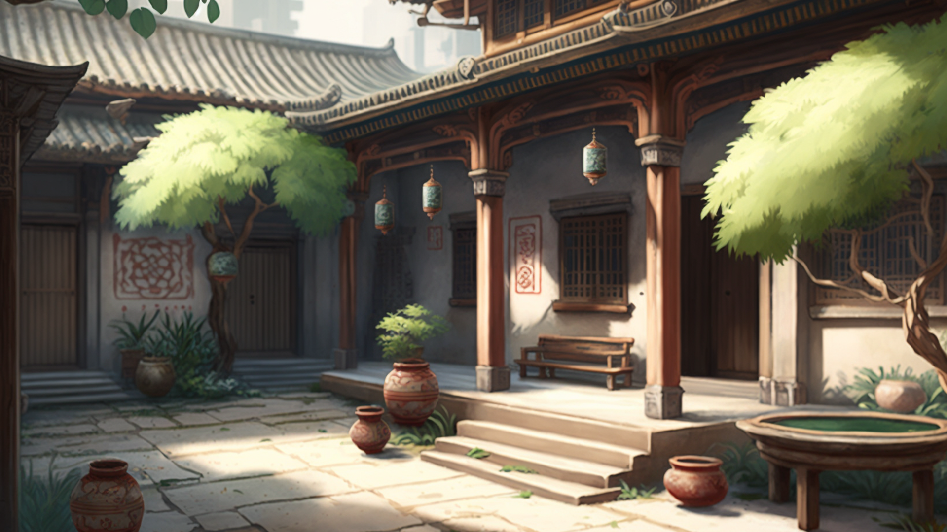 中国风庭院树木卡通背景图片