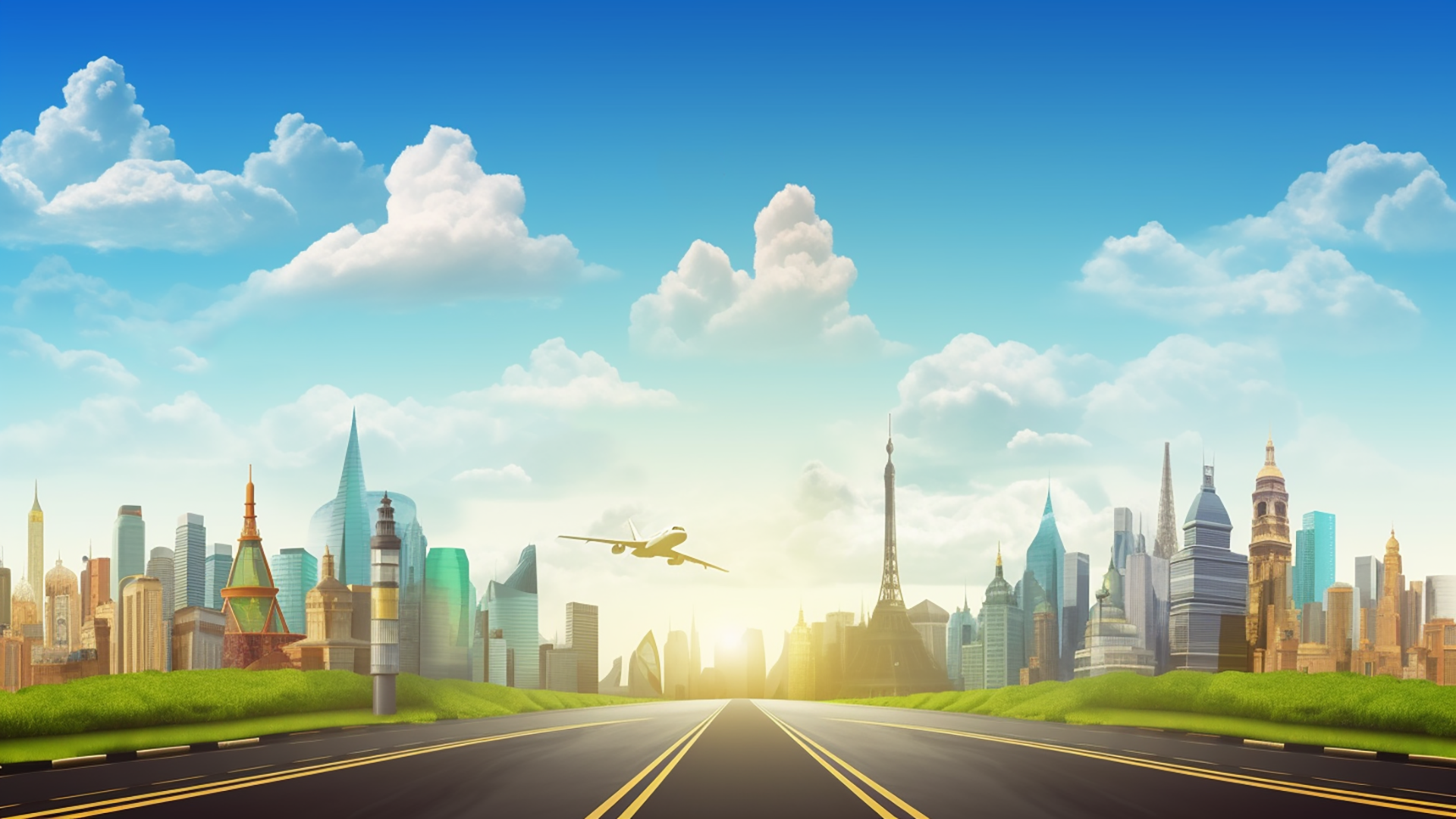 建筑物飞机公路蓝天白云假期旅行广告背景图片