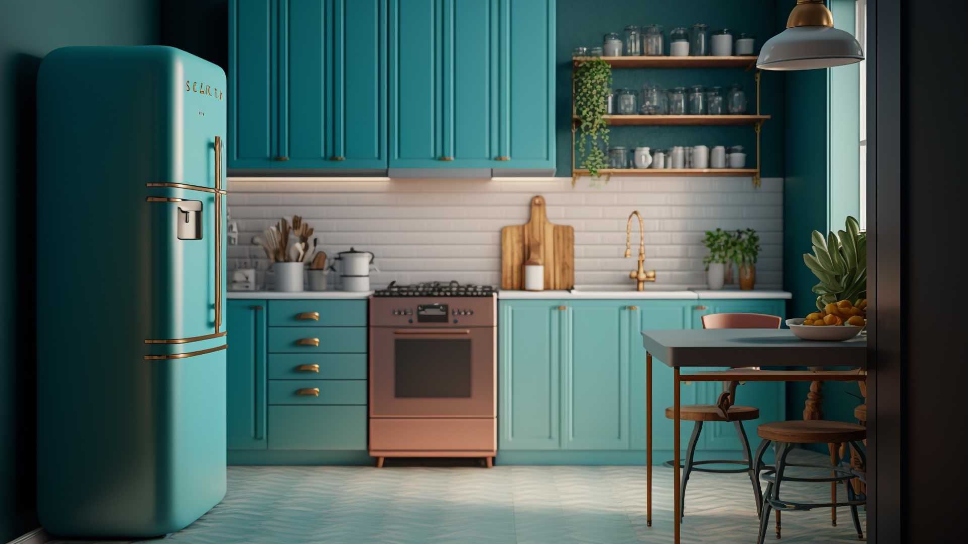 厨房餐桌冰箱绿色背景图片