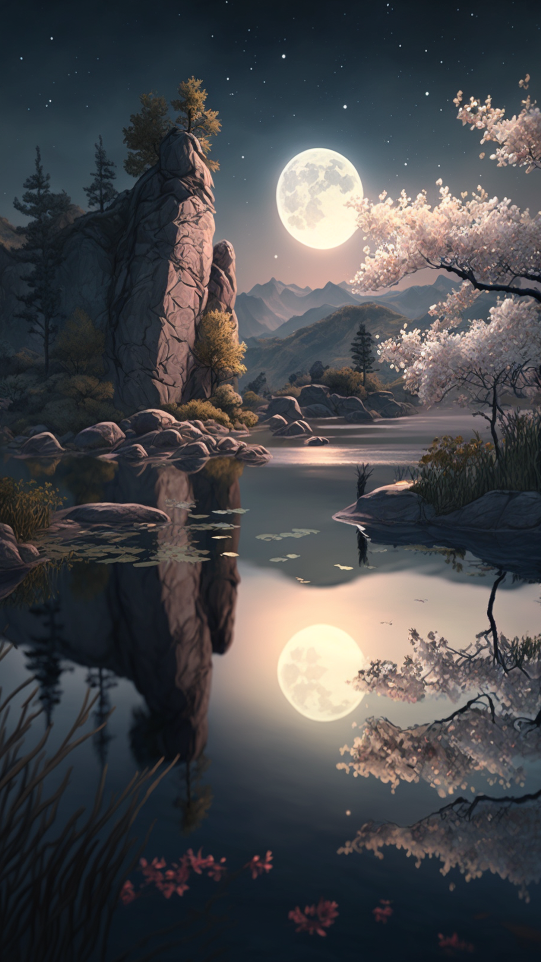 中国风月光湖水樱花背景图片