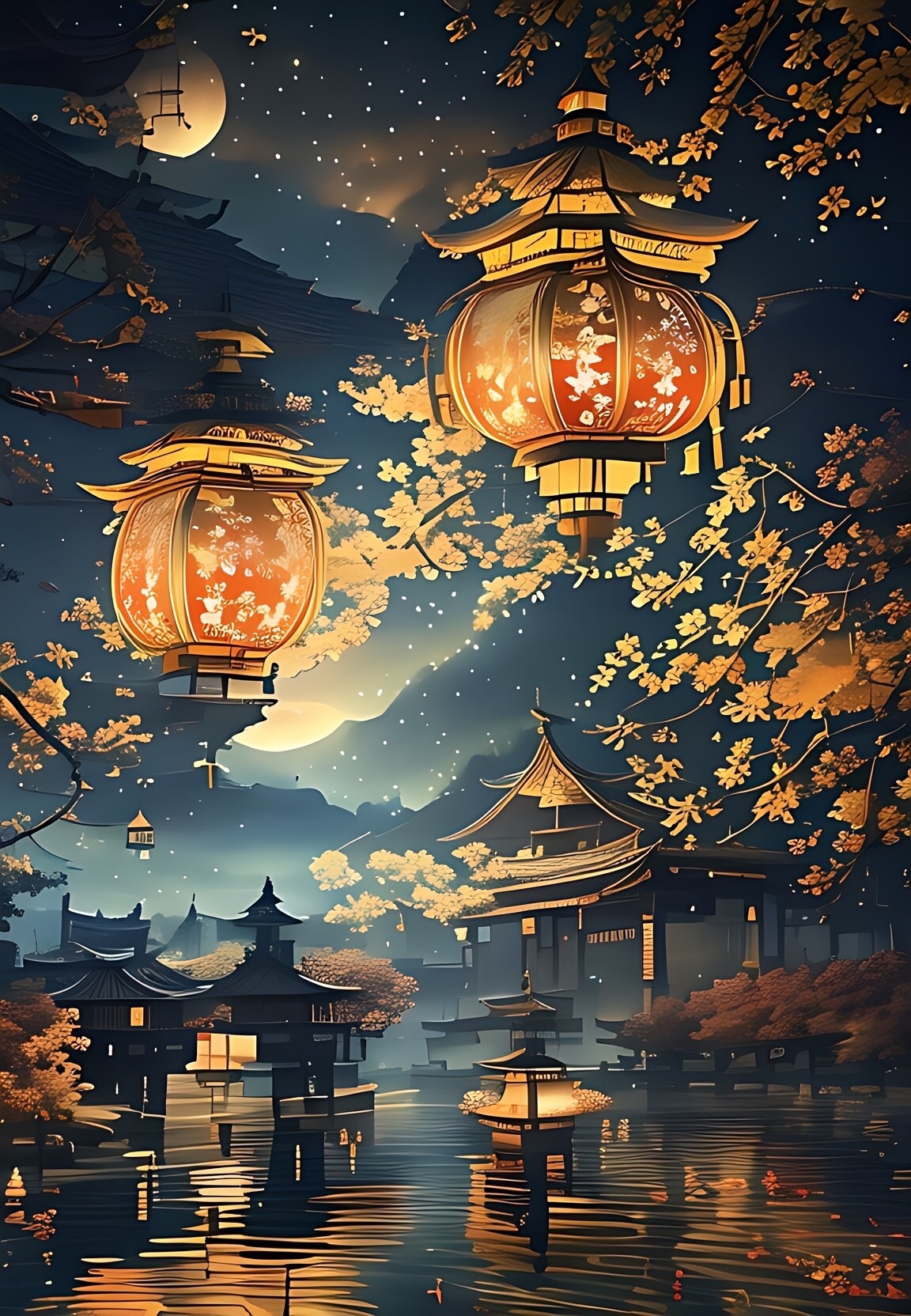 灯笼中国风夜晚插画图片