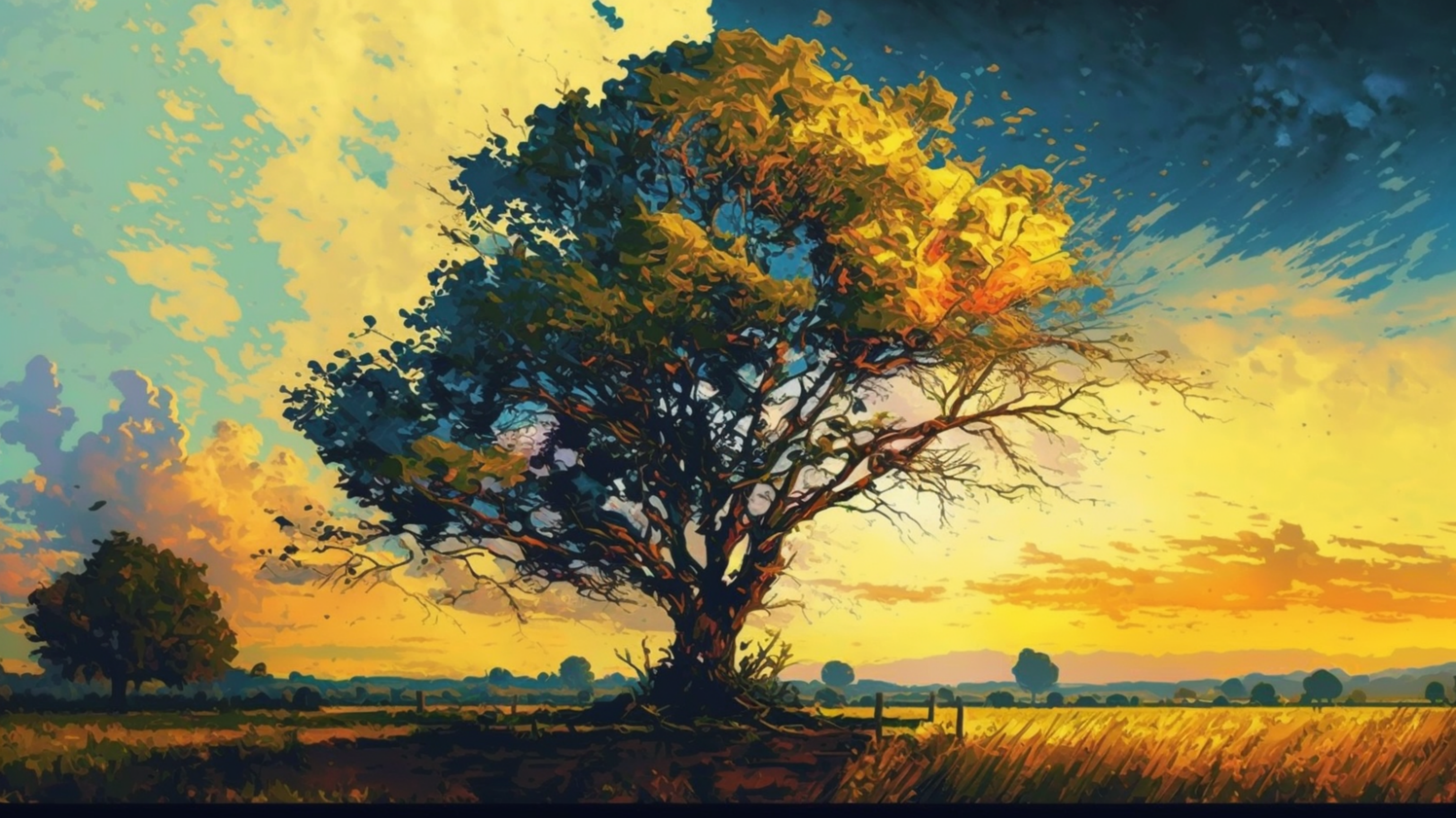 风景树黄色天空油画背景图片