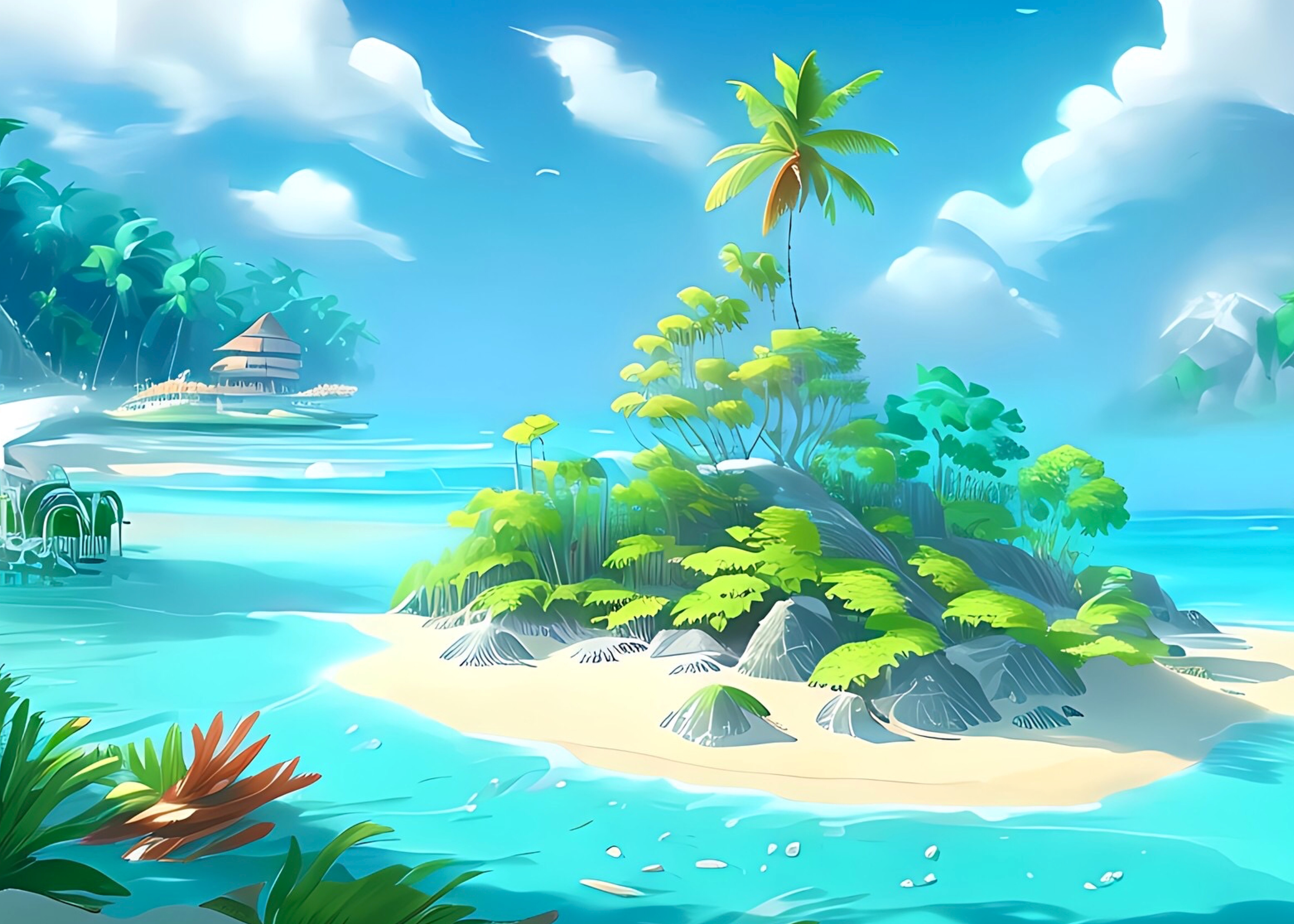 海滩海滨椰树蓝色卡通插画图片