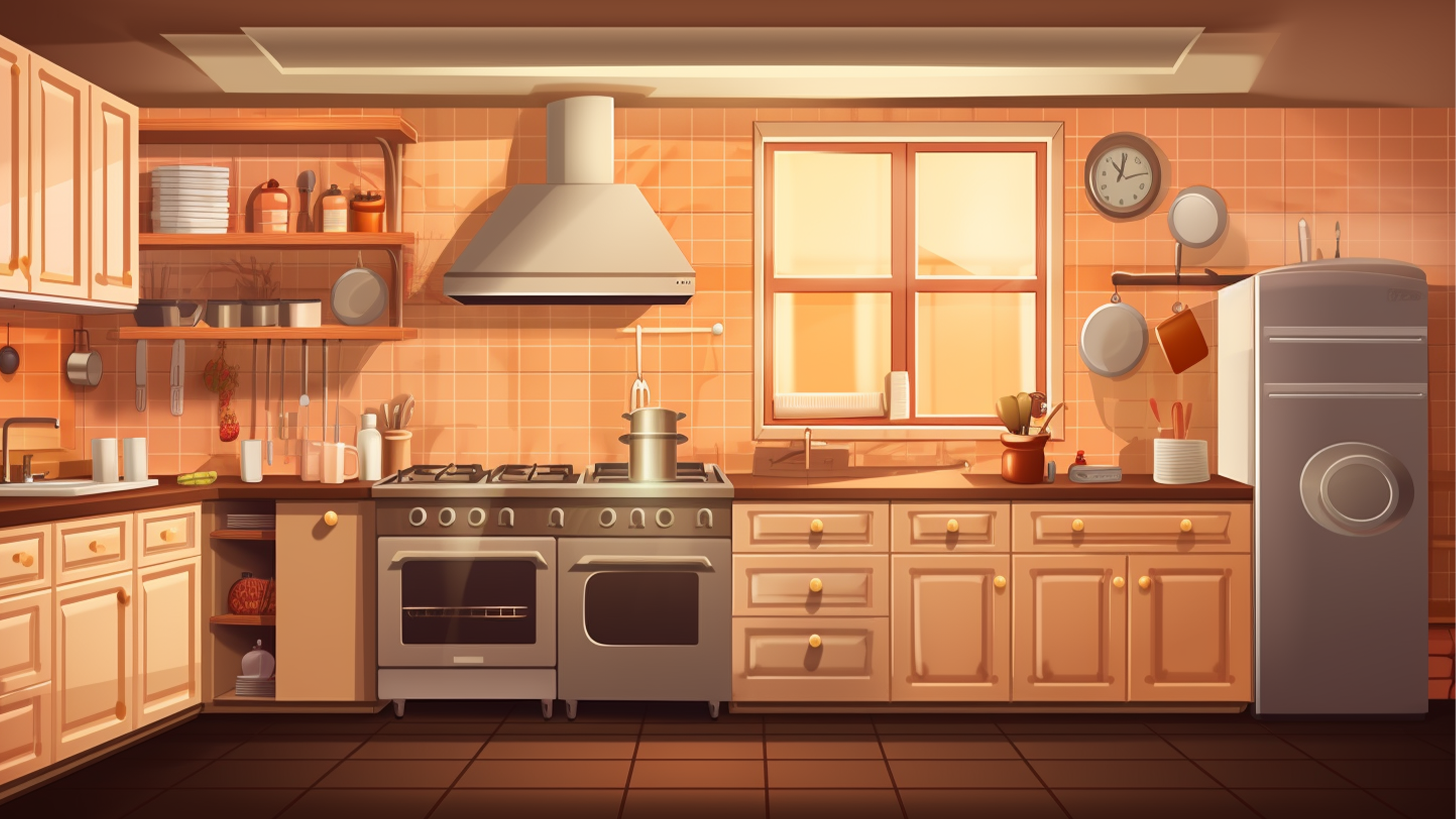 厨房橱柜冰箱暖色卡通背景图片