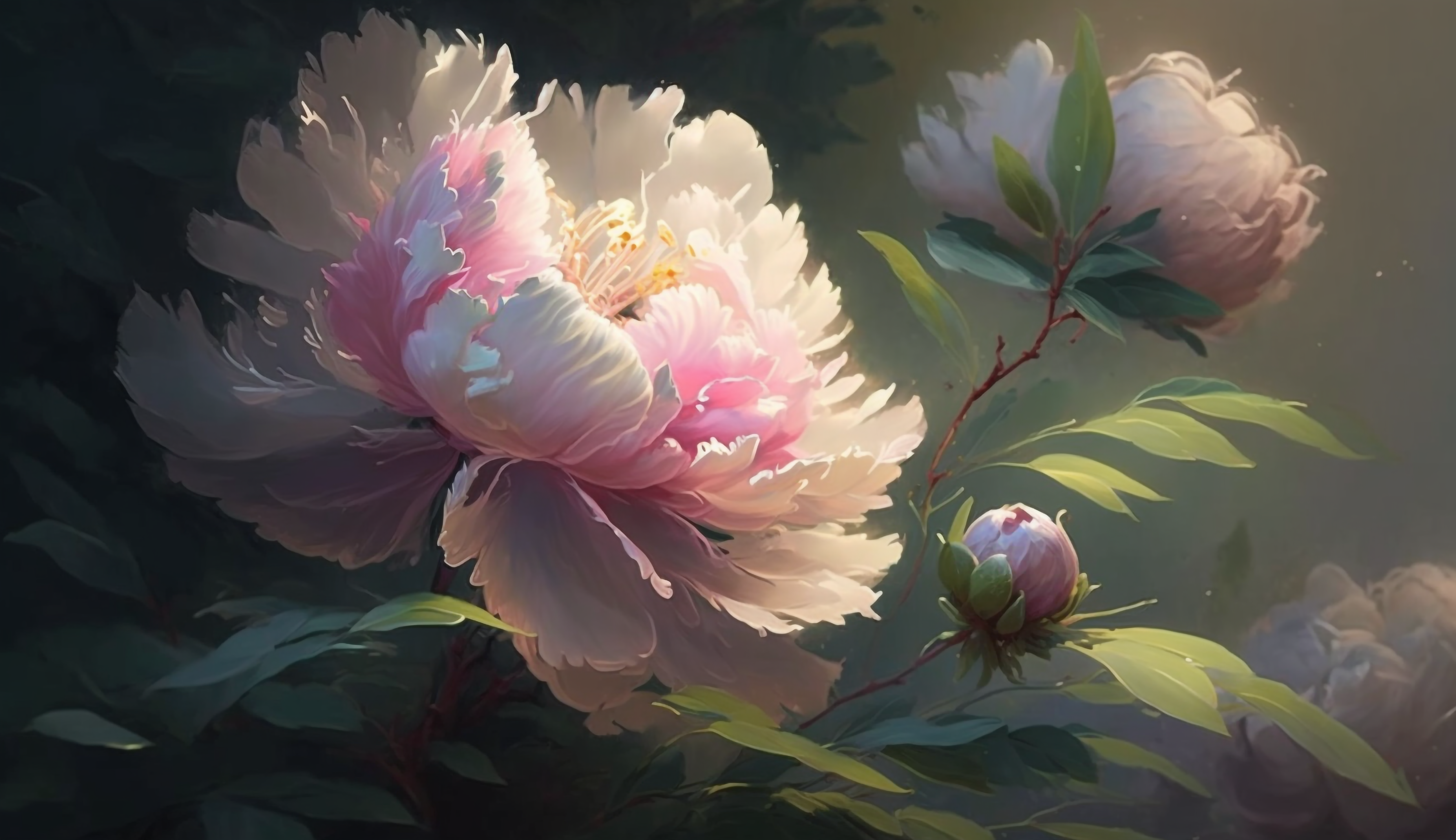 粉色的花牡丹花叶子花卉油画背景图片