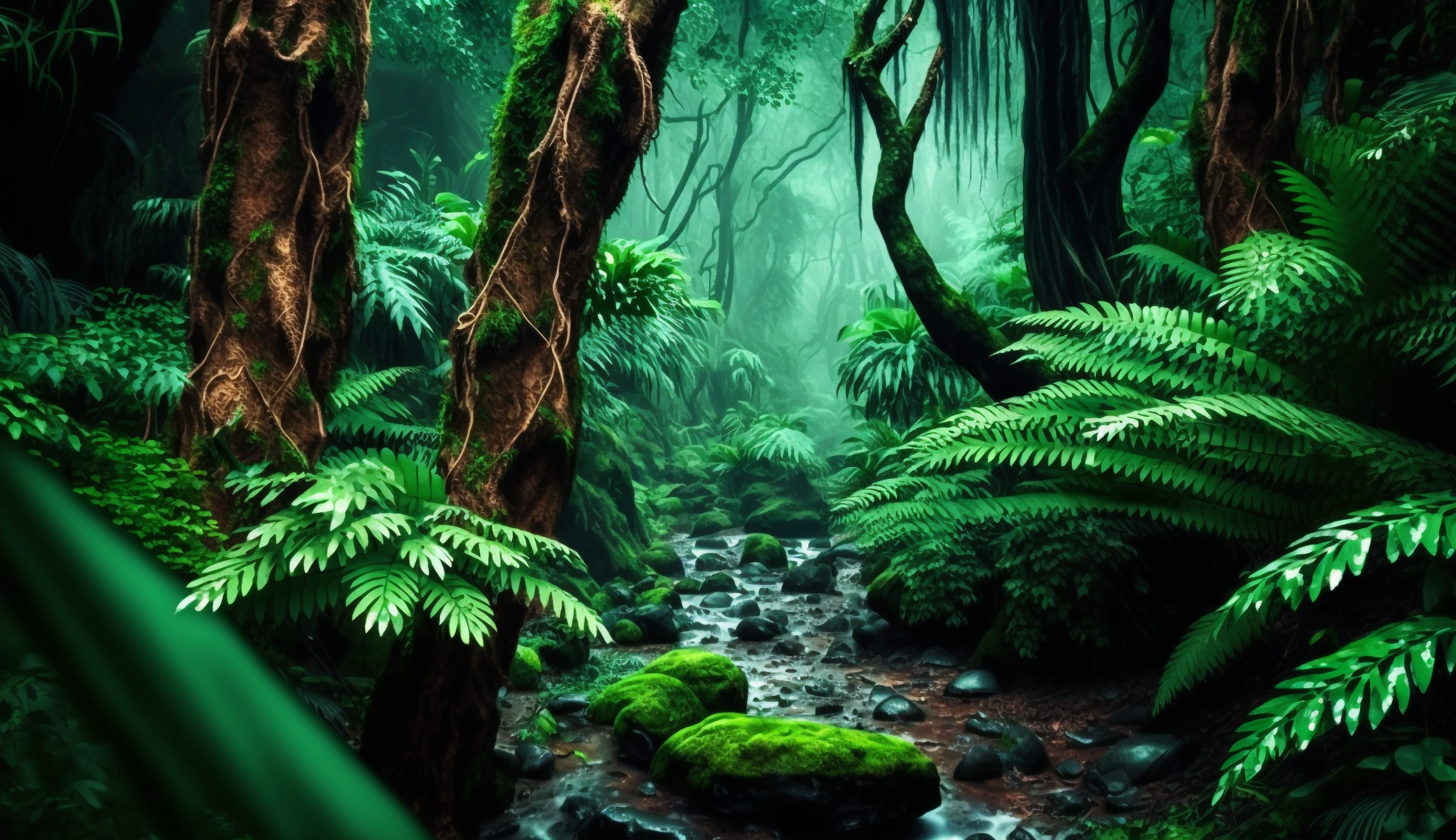 雨中的森林石头雨林丛林绿色自然背景图片