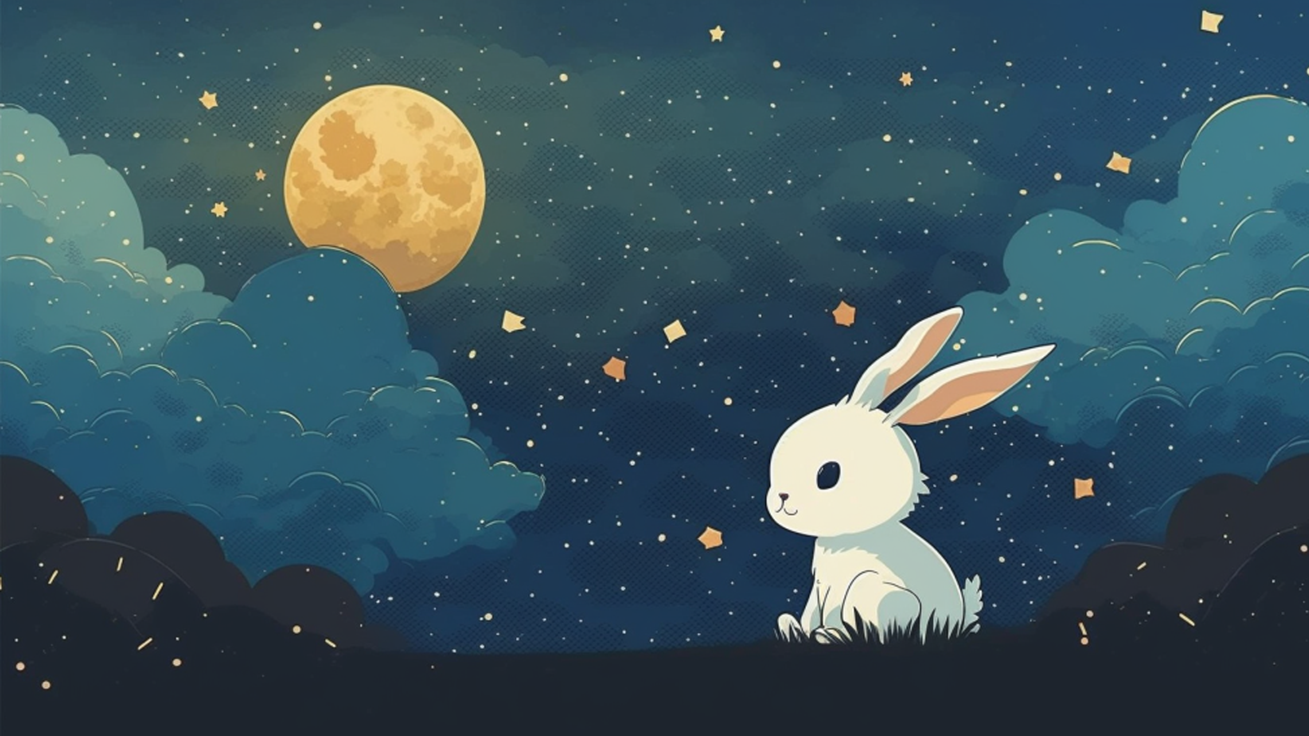 星空月色兔子可爱扁平风格背景图图片