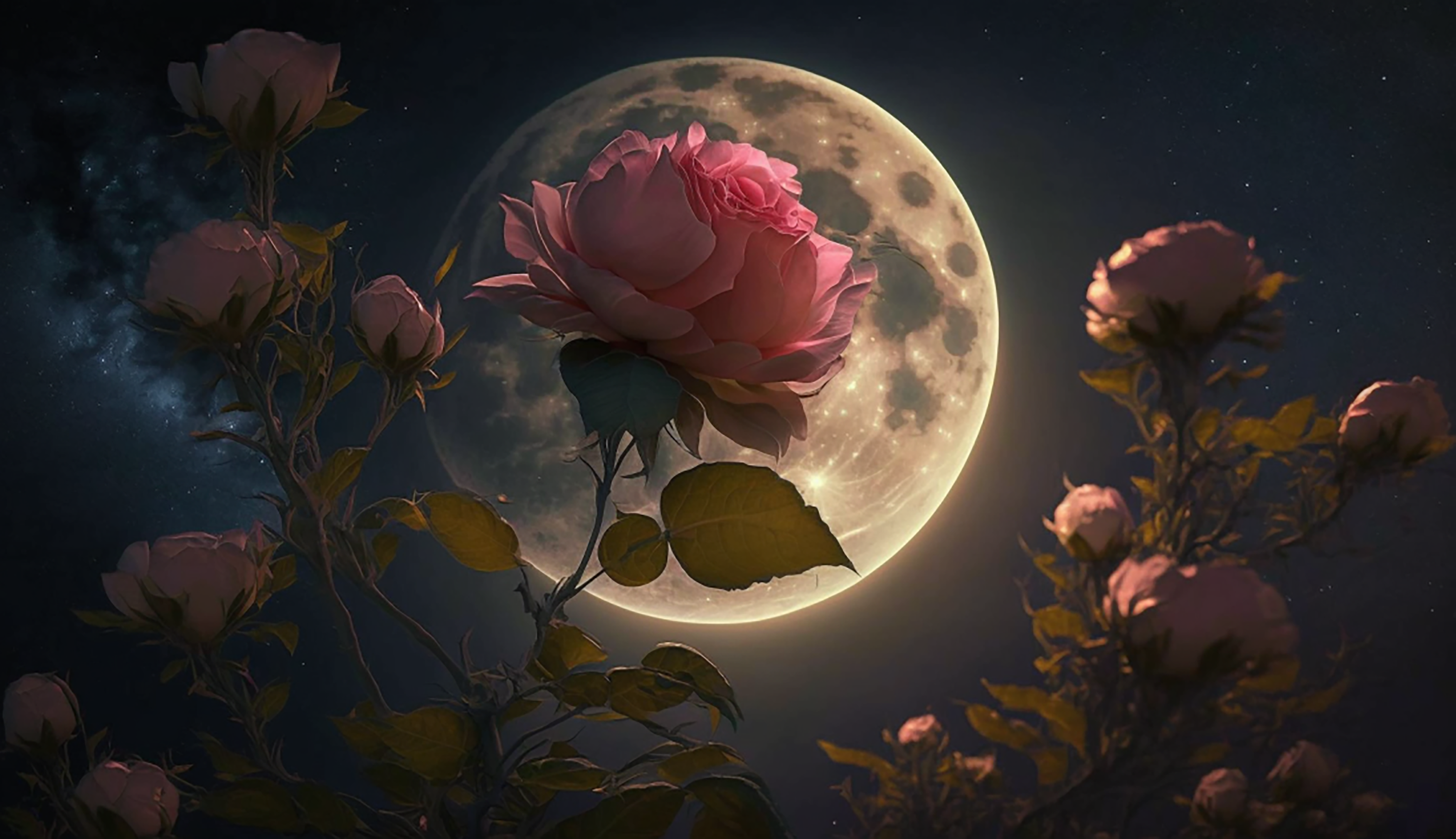 月亮夜晚玫瑰创意背景图片