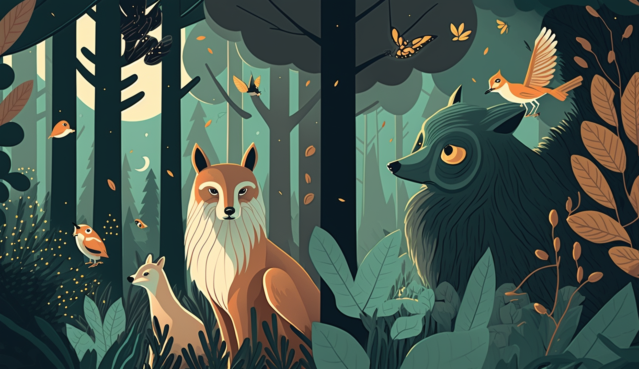 森林背景动物狐狸插画图片