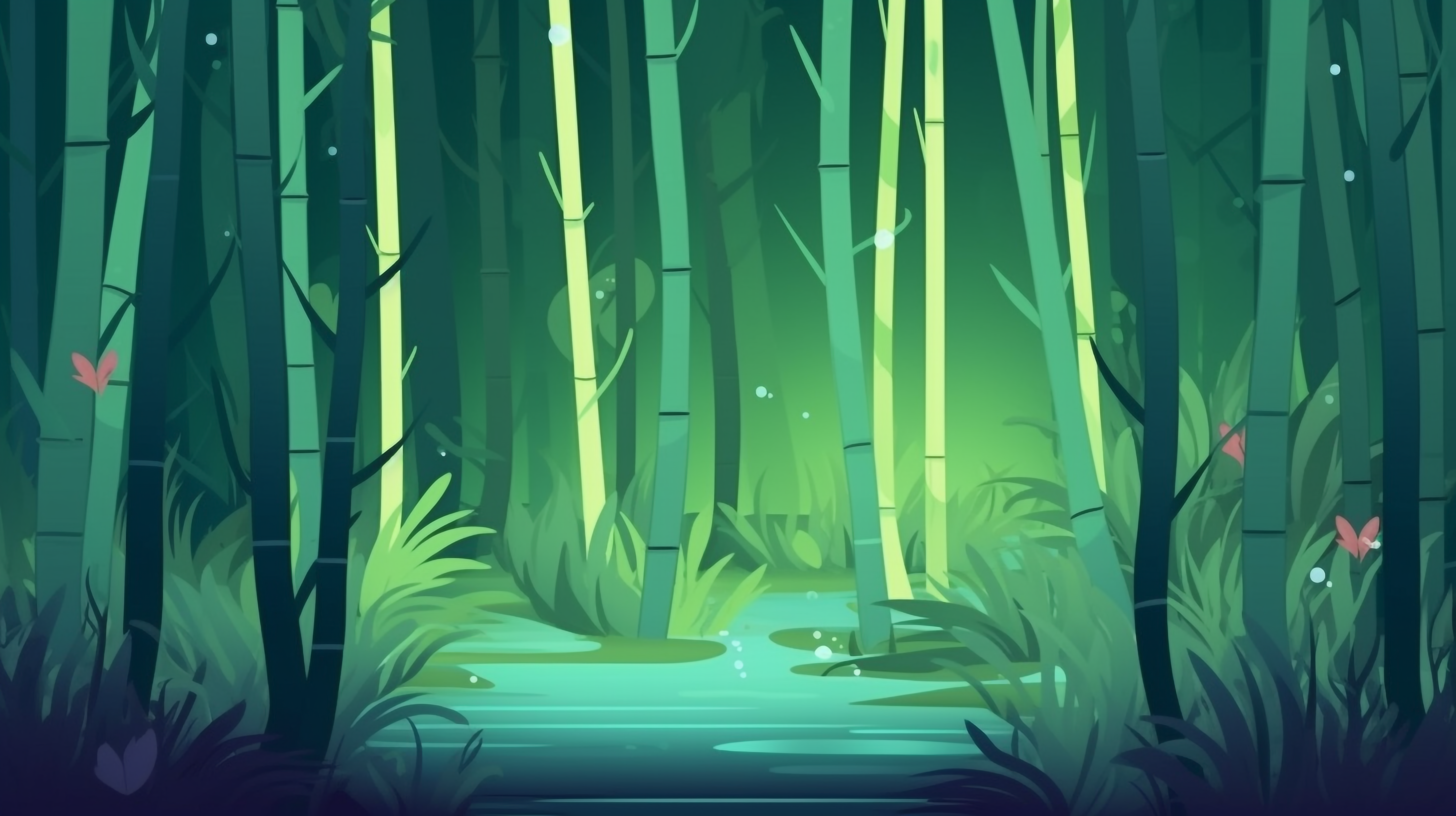 青竹林水流翠竹林植物自然风景卡通装饰背景图片