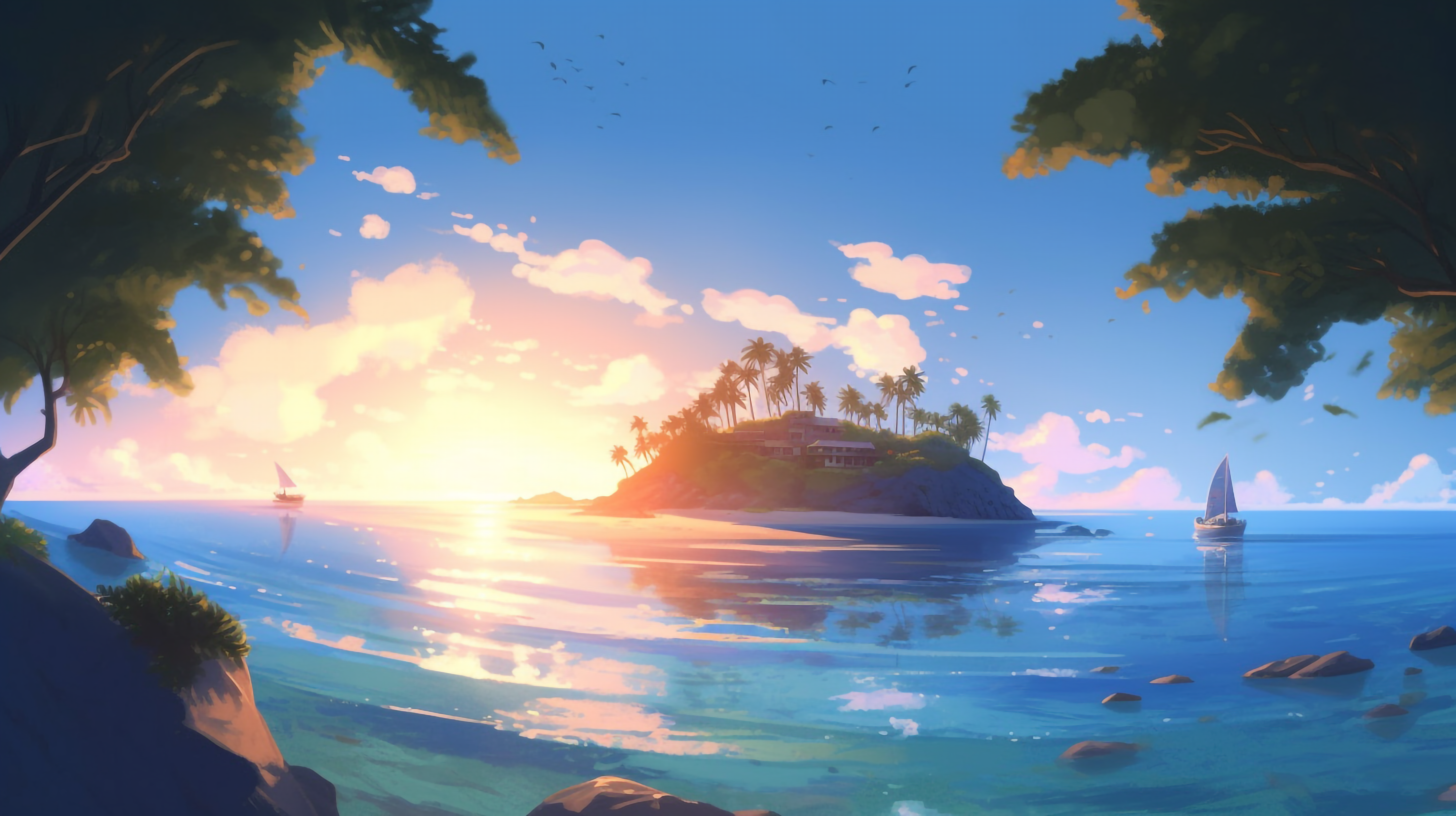 阳光岛屿早上的日出海洋自然风景图片