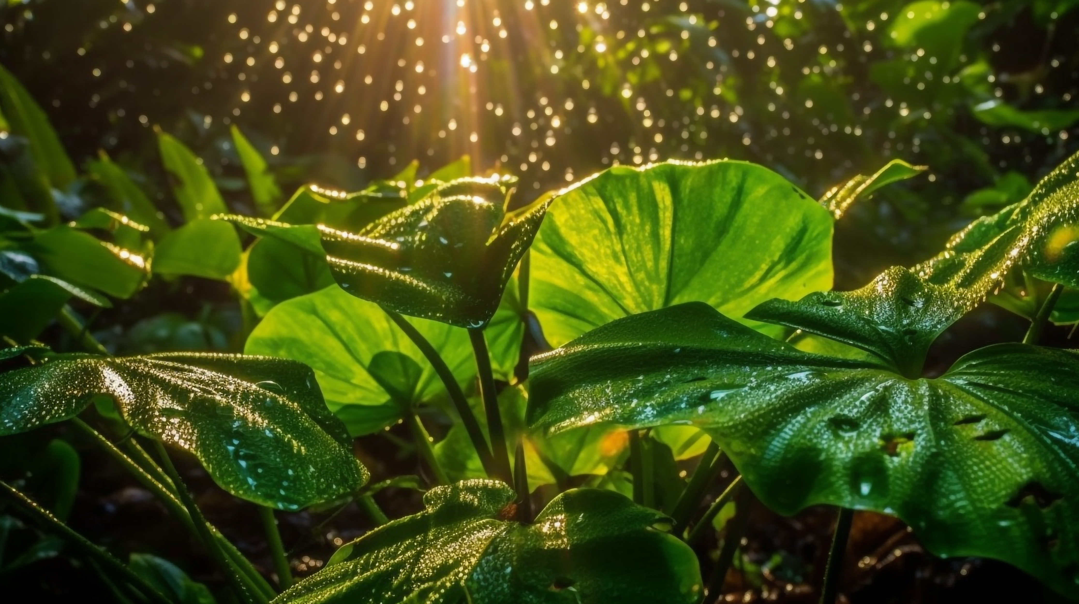 雨中森林背景植物热带树叶光点自然背景图片