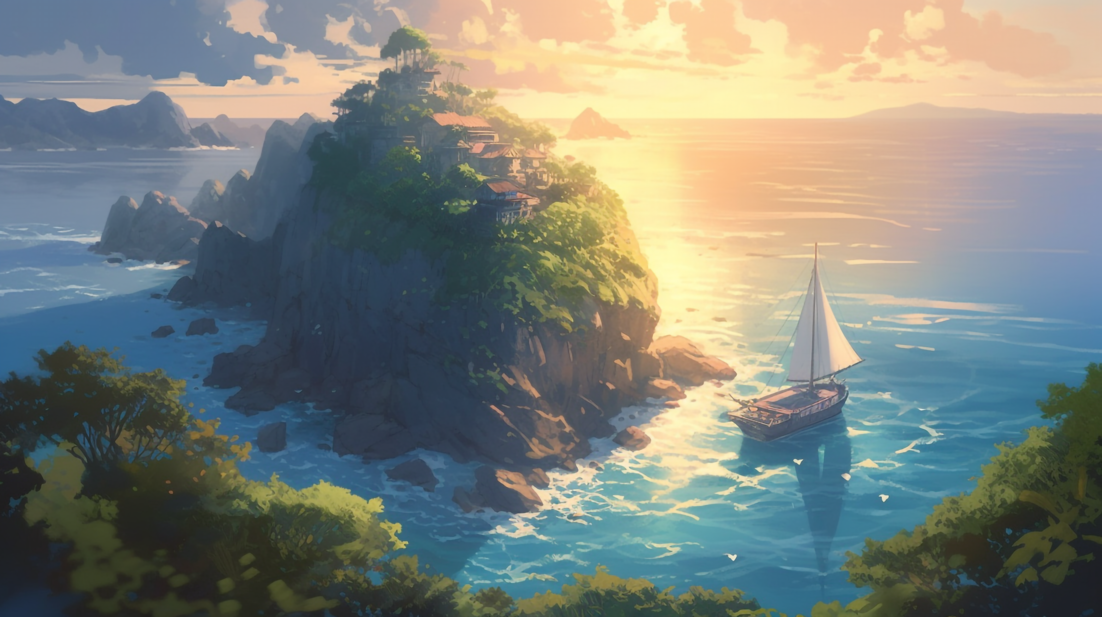 帆船海上岛屿日出海水自然背景图片