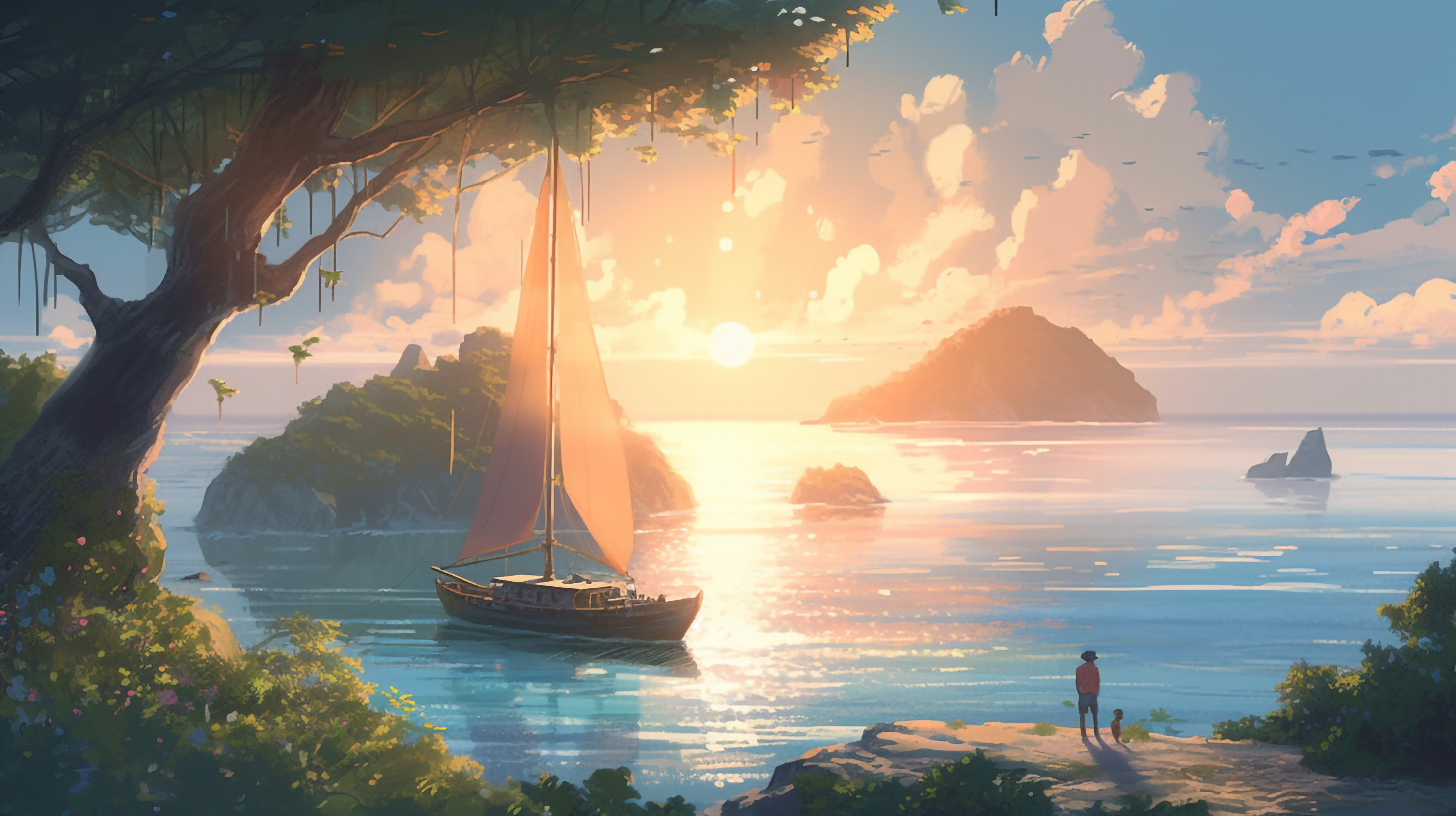 帆船大树日出海面小岛天空背景图片