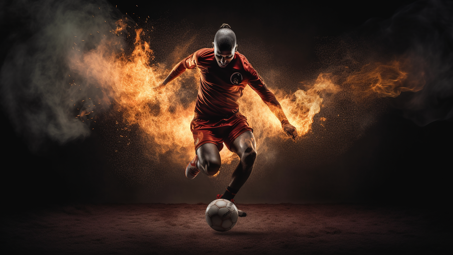 足球运动员动态姿势火焰效果广告背景图片