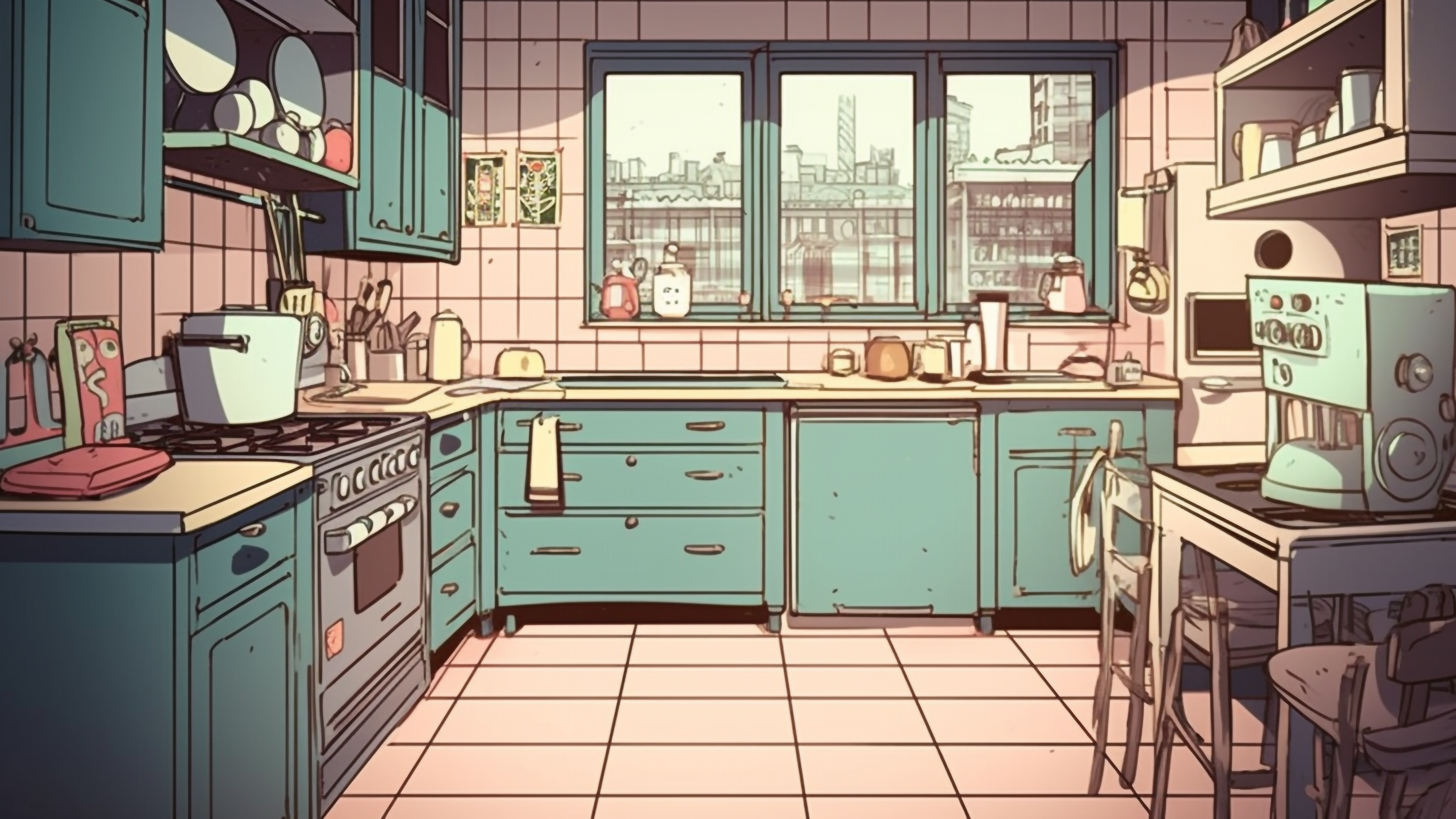 厨房蓝粉色卡通可爱背景图片