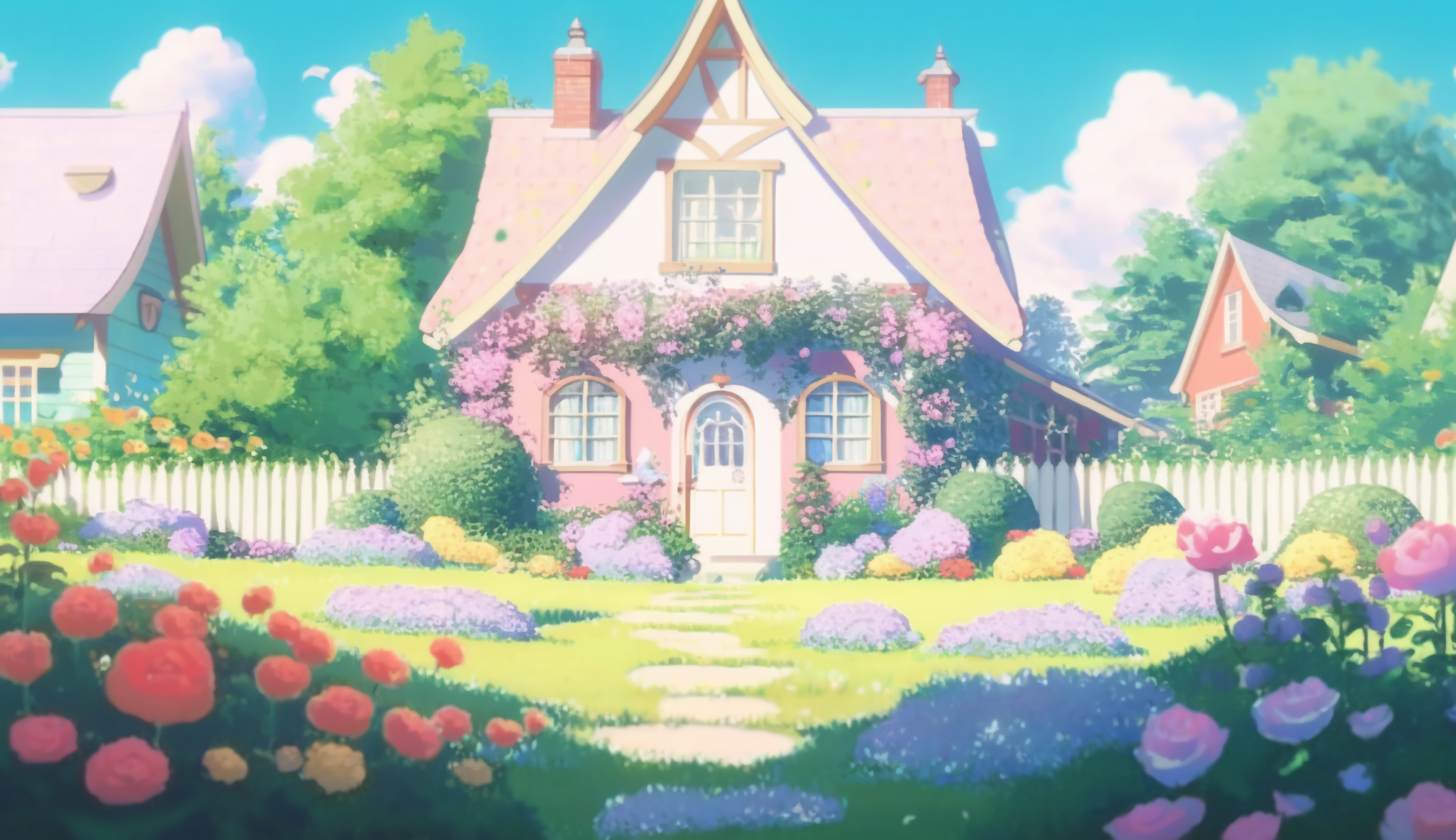 花园粉色房屋欧式房子卡通房子背景图片