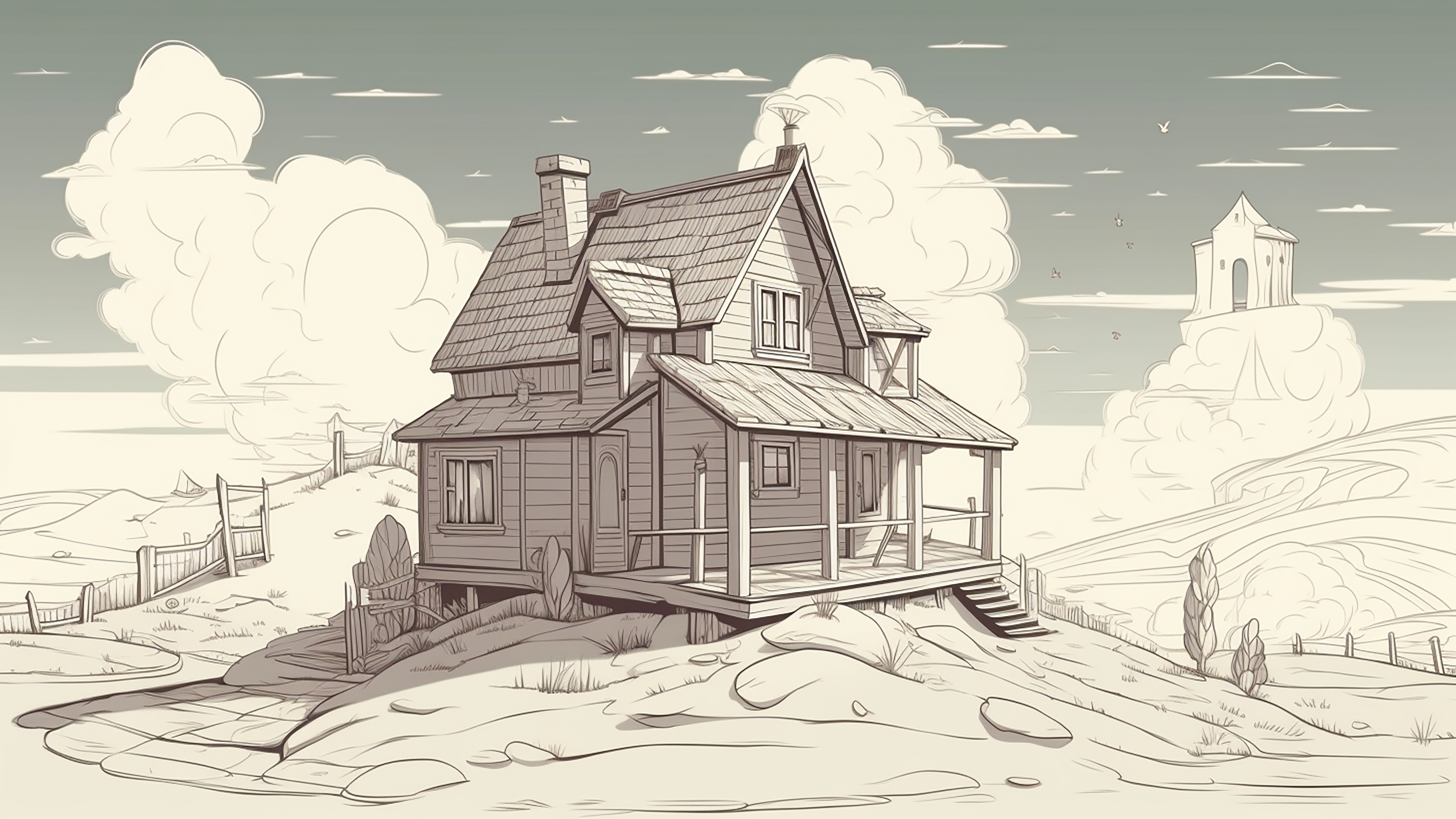 卡通房子线描灰白背景建筑图片