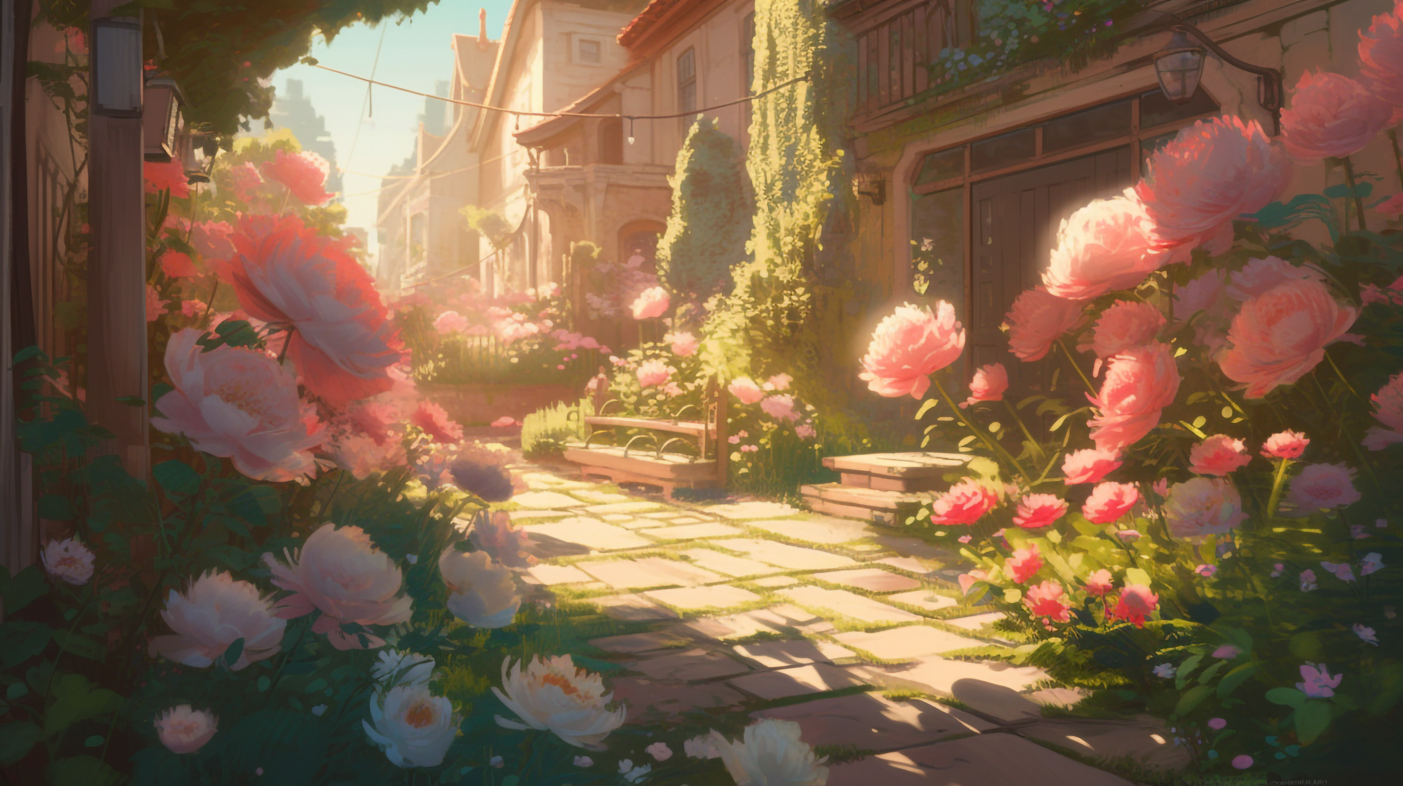 芍药花粉色花朵鲜艳阳光街景建筑背景图片